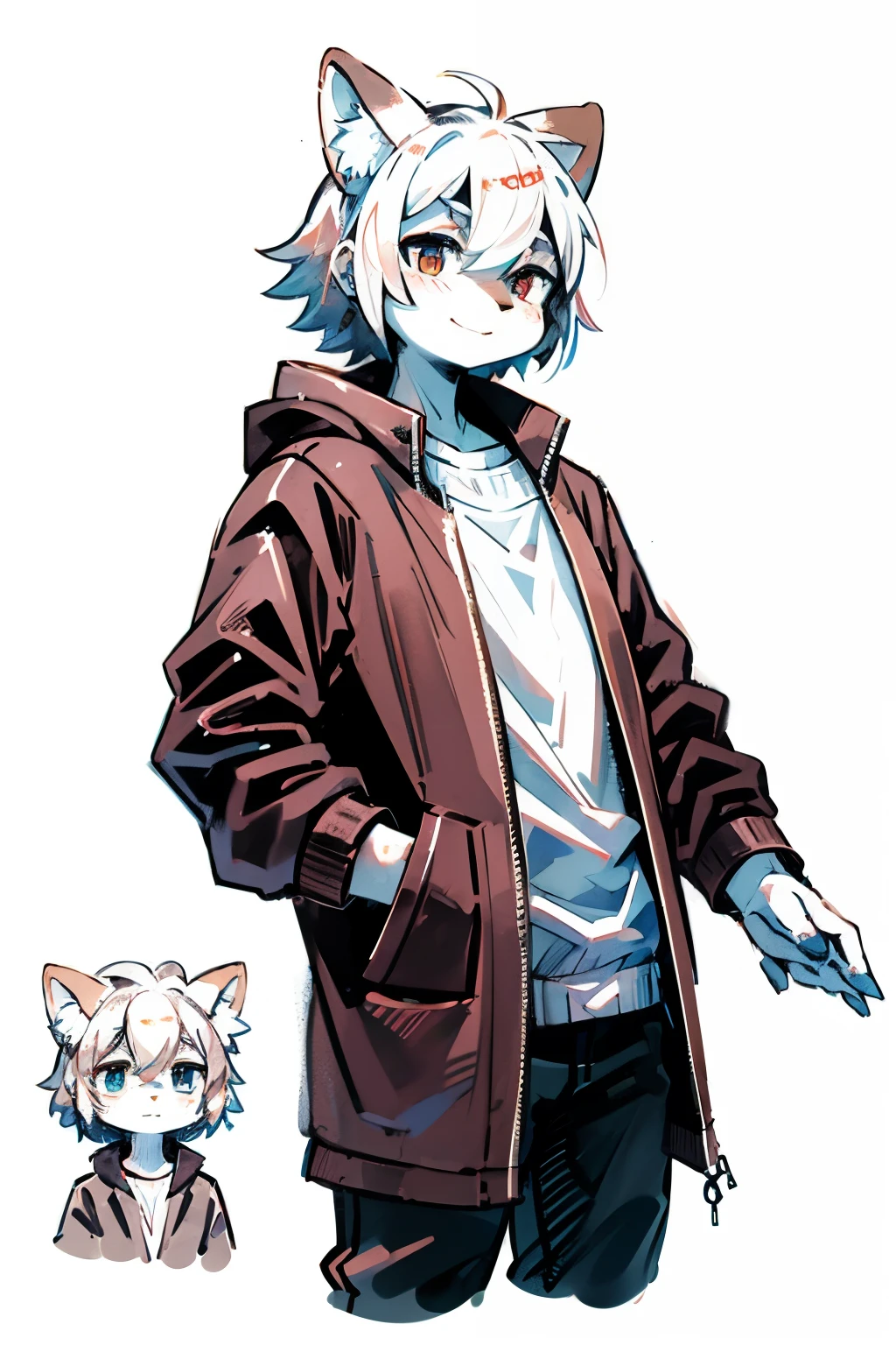 Japanese style furry character，The coat color is white，The clothes are more fashionable and the colors and furs are well matched，The character is slightly shorter，Normal body shape，Cheerful and natural look