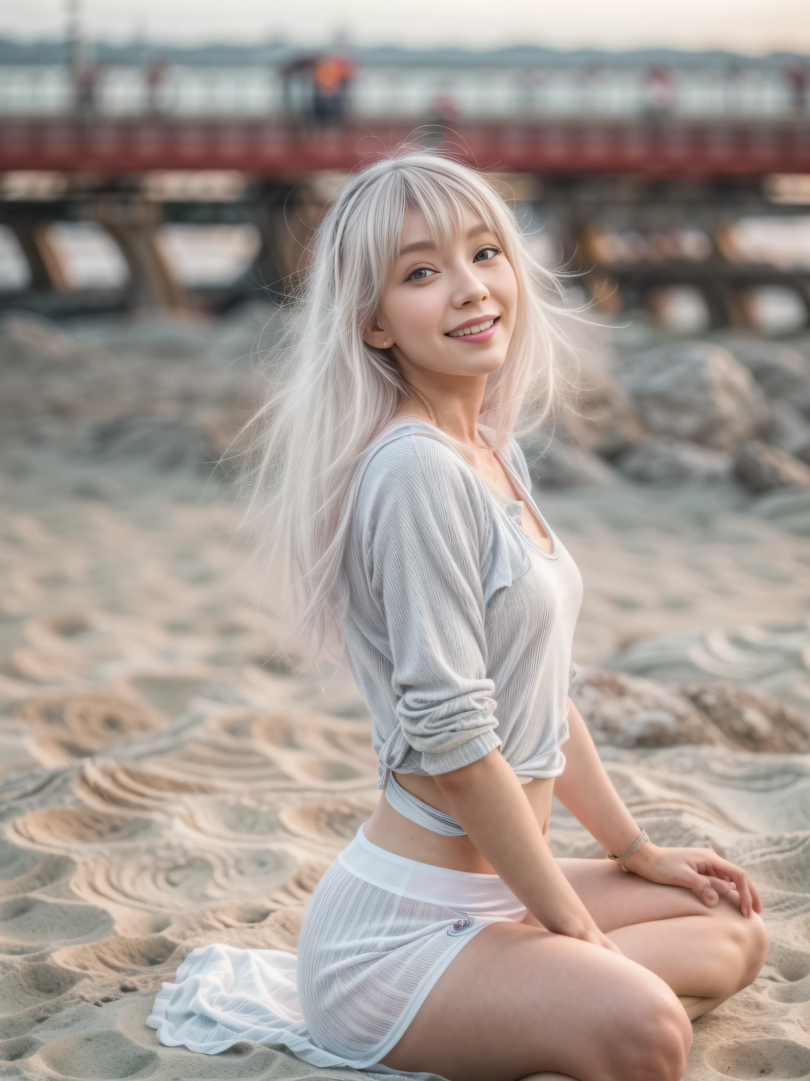 Himari Oliviera. 1 beautiful woman. Halb japanisch, half Dutch. long white hair. Bangs. Perfect face with Asian features. Asiatische Augenform. Perfekte blasse Haut mit feinen Poren. 25 Jahre alt. Zierlicher, sportlicher, Body (petit). Small breasts. Light green eyes. Best quality. Masterpiece. Ultra high Resolution. 8K. Perfect Skin. Perfect quality. Instagirl . Influencer. Farblose Haare. Bright white hair. smile. Himari kniet am Strand auf einer Yogamatte. Ihre Augen sind sinnlich geschlossen. She wears a loose yoga outfit, welches im Wind flattert.