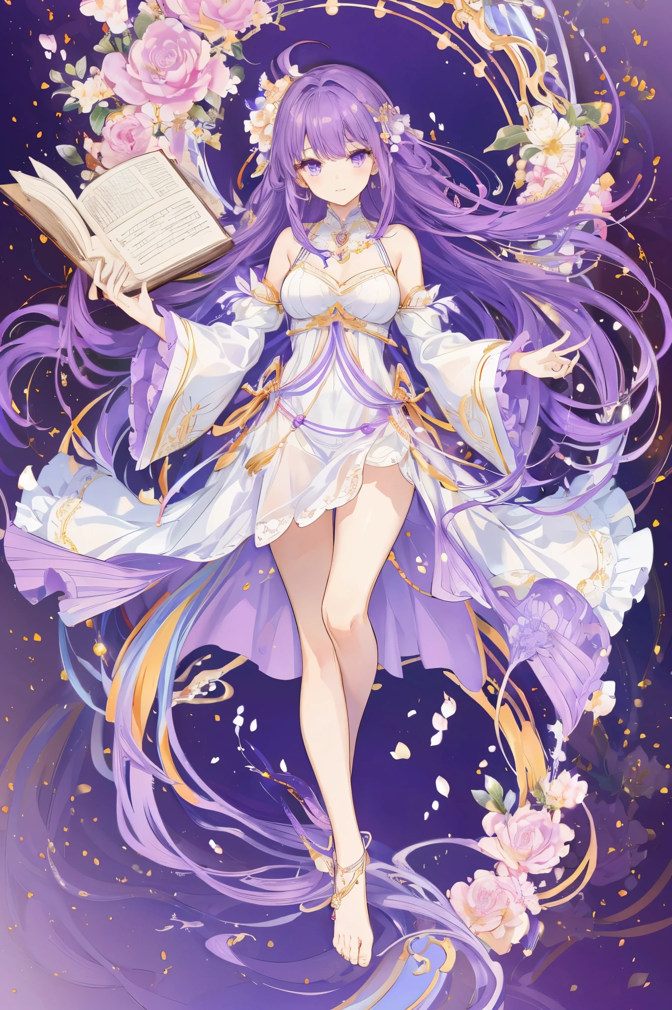 ((best quality)), ((masterpiece)), ((ultra-detailed)), (illustration), (detailed light), (an extremely delicate and beautiful),1girl, solo, barefoot, long hair, purple hair, purple eyes, book, full body, dress, ahoge, looking at viewer, white dress, detached sleeves, hair ornament, bangs, holding, wide sleeves, purple ribbon, blush, smile, standing, star (symbol), breasts, bare legs, very long hair, toes, ribbon, long sleeves, jewelry, feet, open book, open mouth, holding book, sleeveless, bare shoulders, flower, frills, bow, hair flower