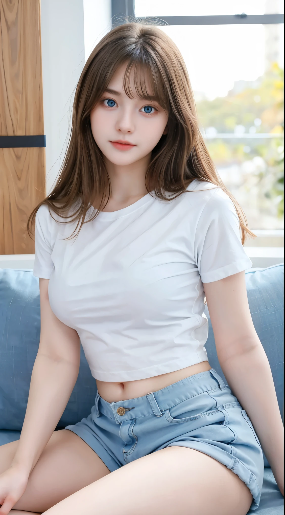Gorgeus Girl, Beautiful, , 20 Years Old, White Skin, Beside, Sexy Pose, white t-shirt, Blue Eye, Bokeh, bedroom Background, Masterpiece, Fullbody Shot, short pants,