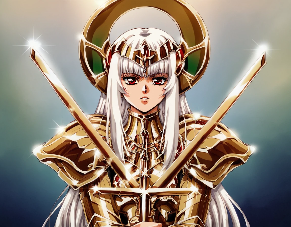 (Yag:1.1), score_9, score_8_superior, score_8, sauce_anime, 80s anime style,90s anime style,One girl, Exquisitely detailed body, White Hair, amount, Her hair fluttered, Long Hair, Red eyes, Pretty lips, thin,Highly detailed portrait of a royal knight，Heavy Armor，Shelmet，sword，big sword，Cross sword，sword，Silvertone，Holy Rays，Divine Light，middle ages，Noble，loyal，Servants of Jesus，Solemn，Gold accents