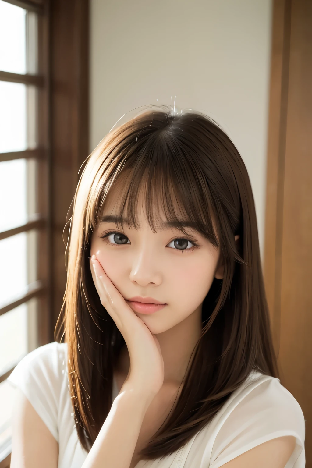 (((8k,Attention to detail,Attention to detail、highest quality,masterpiece,Attention to detail,alone))),RAW Photos & Realistic atmosphere,Beautiful dark eyes,Mouth Details,Glossy lips,Thin eyebrows,beautiful Eyes、Soft white skin that shines in every detail、Her deep black eyes are very beautiful,Lip details、Very beautiful face,Very beautiful face、Lively Faces,beautiful, Glistening lips,beautiful Eyebrows,Infinite Reality, Realistic Young Gravure Idol,Very cute woman , Young Gravure Idol, Young Gravure Idol, とても美しくてかわいいbeautiful 21 year old beauty,Incredibly beautiful and elegant,beautiful 21 year old beauty,Natural soft light,(Shiny Hair,,beautiful and kind eyes:1.5),A kind smile,Shapely breasts,Long Hair,beautiful posture,No makeup,Take a look at the camera,shirt,