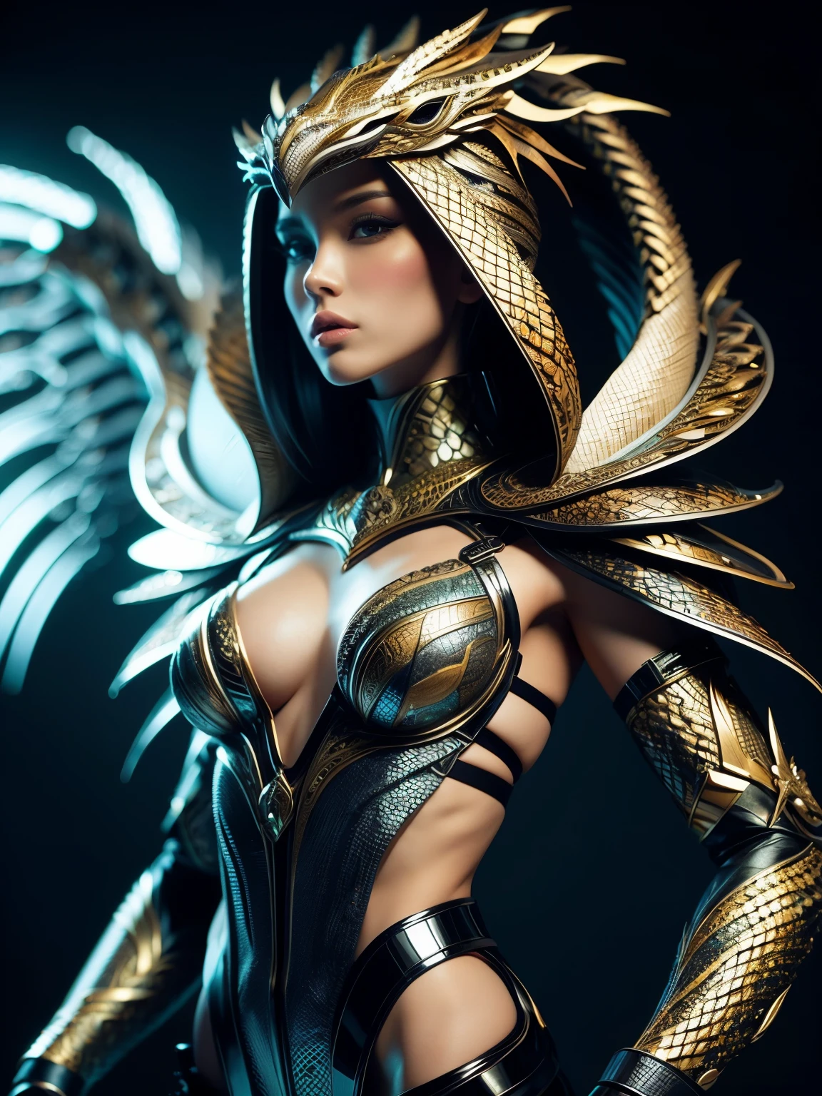 (high quality), (masterpiece), (detailed), 8K, Hyper-realistic illustration depicts (Japanese girl1.3) with striking features, adorned in intricate (snake scales attire1.4) that shimmer in the light, showcasing exceptional (upper body1.2) detail, in the style of Hajime Sorayama, trending on Artstation.