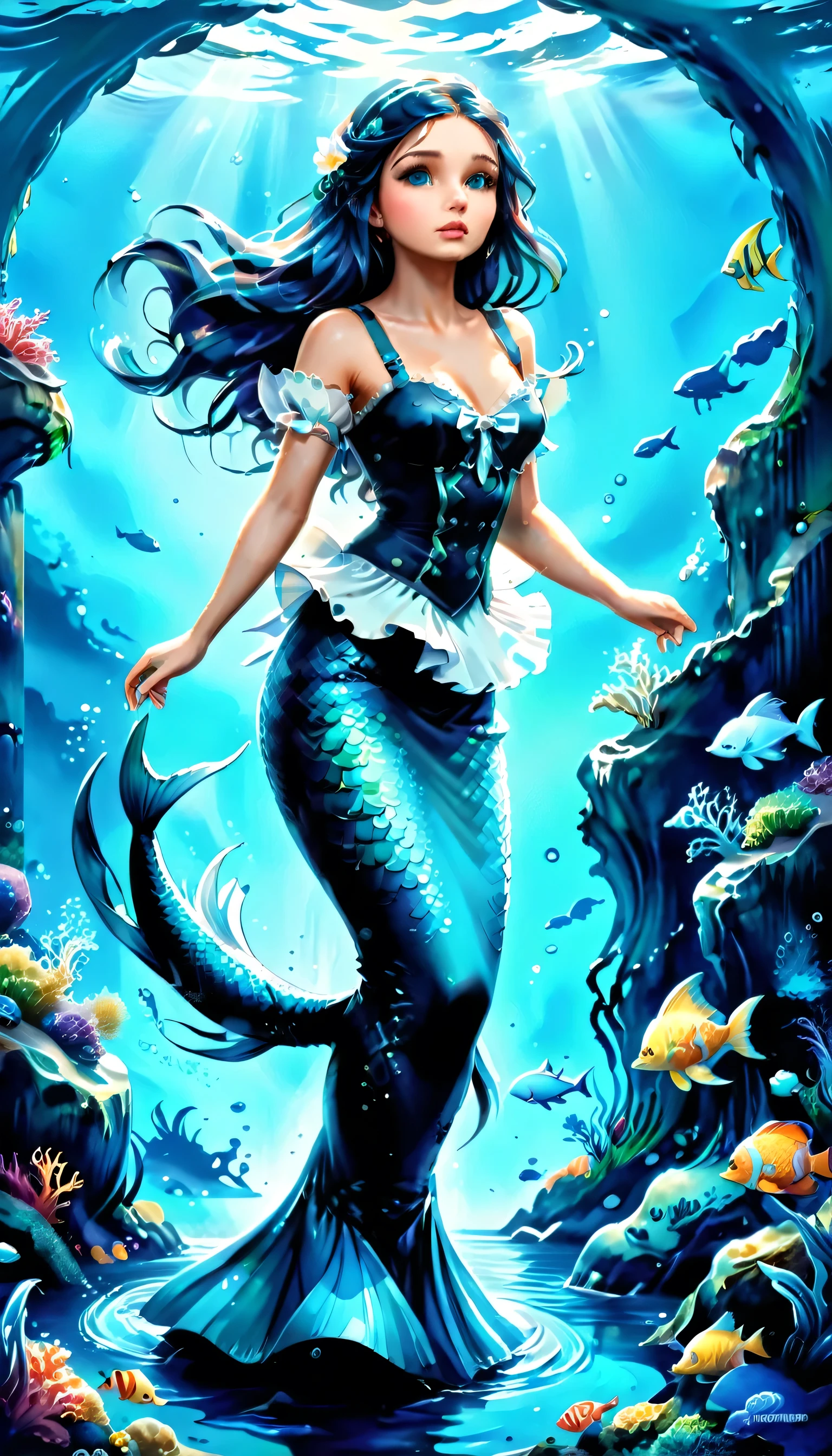 high details, best quality, 16k, ultra detailed, masterpiece, best quality, ((art deco style: 1.5)), full body, ultra wide shot, RAW, photorealistic, fantasy art, dnd art, rpg art, realistic art, an ultra wide picture of a mermaid  under the sea (intricate details, Masterpiece, best quality: 1.4) , female mermaid, (blue: 1.3) skin, (green: 1,3) hair, long hair, swirling hair, intense eyes, small pointed ears, ((blue eyes)), ((glowing eyes)), wearing (black:1.3) ((maid outfit)) flowing ((maid outfit:1.4) wearing a ((flowing maid skirt: 1.5)), beautiful mermaid, you can see rich underwater life, fish, riff, dynamic fantasy blue beach background ((magical atmosphere)), high details, best quality, highres, ultra wide angle, ggmine, traditional watercolor painting