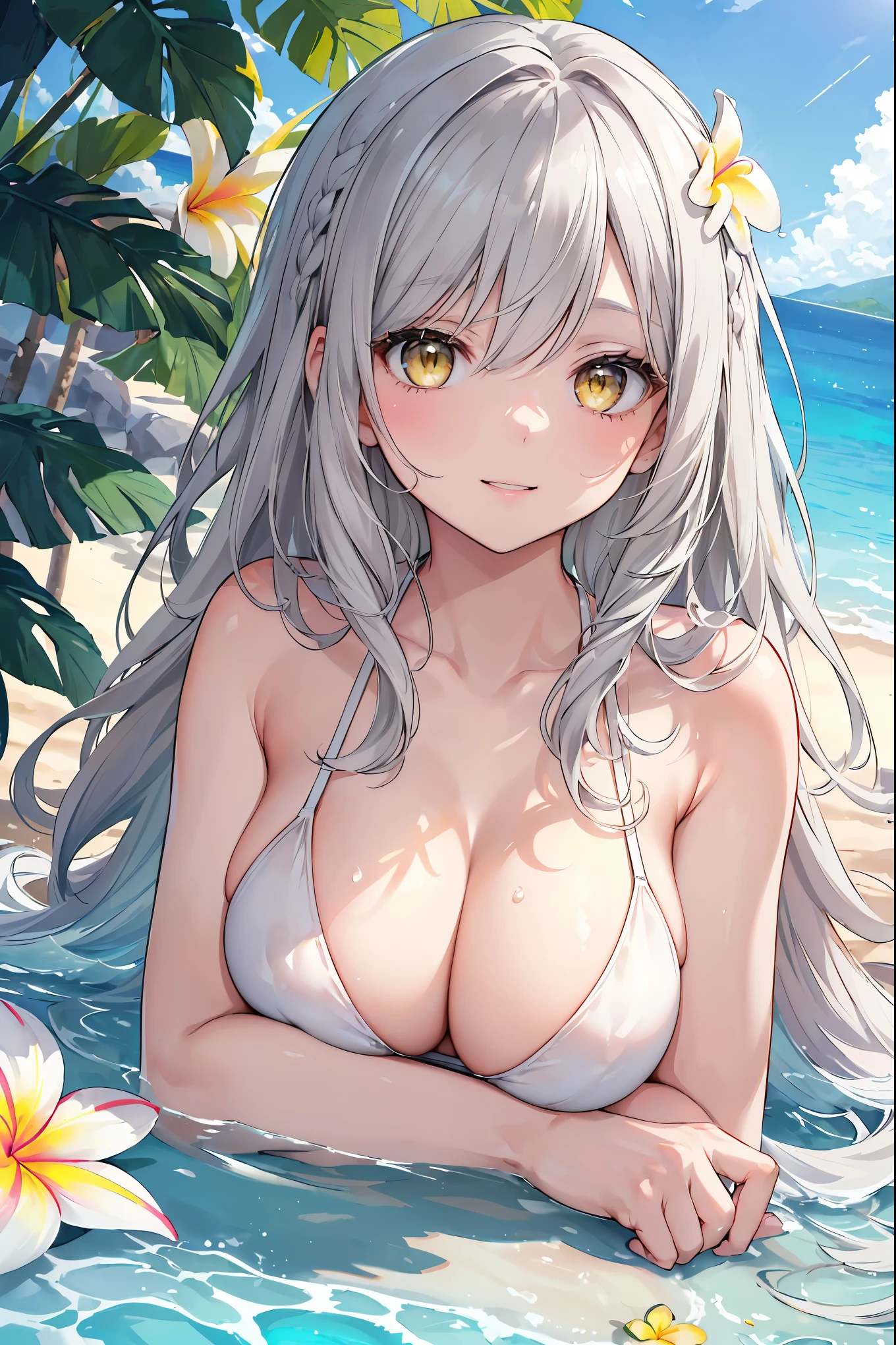 ((masterpiece,High resolution,8K quality,highest quality)),One Girl,((Highly detailed face)),woman,Delicate eyes,((Yellow Eyes)),((Hairstyle on:Wave Semi-Long,Gray and silver hair,Hair that is exposed to light is green)),Lens flare,Dramatic makeup,Bikini Swimwear,Smiling graciously,Natural Skin Tone,Summer cheerfulness,Reflective water surface,Lying face down on the beach,Big ample breasts,rest on your elbows and smile,Light of the sun,Bright sun,((Water brilliance,White sand beach,Plumeria blooms)),