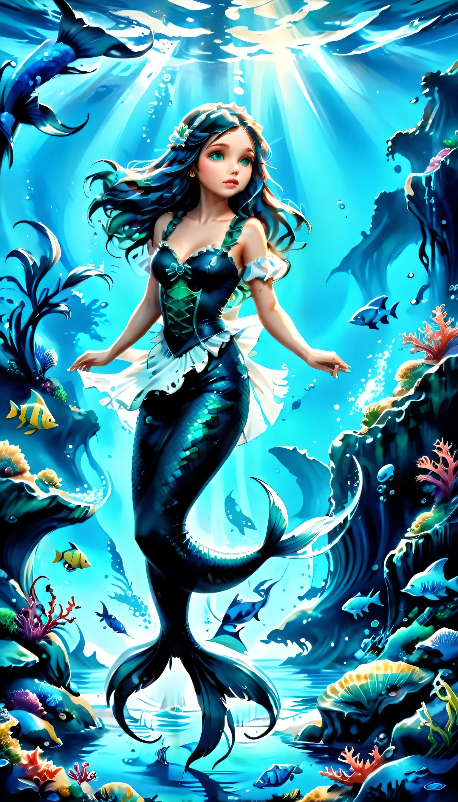 high details, best quality, 16k, ultra detailed, masterpiece, best quality, ((art deco style: 1.5)), full body, ultra wide shot, RAW, photorealistic, fantasy art, dnd art, rpg art, realistic art, an ultra wide picture of a mermaid  under the sea (intricate details, Masterpiece, best quality: 1.4) , female mermaid, (blue: 1.3) skin, (green: 1,3) hair, long hair, swirling hair, intense eyes, small pointed ears, ((blue eyes)), ((glowing eyes)), wearing (black:1.3) ((maid outfit)) flowing ((maid outfit:1.4) wearing a ((flowing maid skirt: 1.5)), beautiful mermaid, you can see rich underwater life, fish, riff, dynamic fantasy blue beach background ((magical atmosphere)), high details, best quality, highres, ultra wide angle, ggmine, traditional watercolor painting