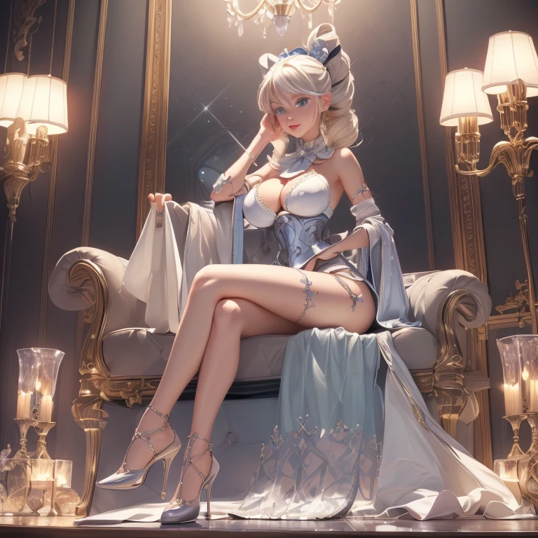 ((masterpiece)),(best quality), ((extremely DetaileD CG unity 4k wallpaper)),(movie lighting), (an extremely Delicate anD beautiful girl:1.3),Face, fixeD eye, hanD fixeD (++blonDe hair++), blue eyes, long hair, Jewelry,earrings, :D, maiD, maze,(((Large Breasts、Breast sagging、Low-cut，Cleavage ，Wide hips,)))((Long legs)),Hourglass figure)),
Big breasts ,(Crystal chanDelier), trumpet ,inDoor ,hanD over hip , Sitting on the throne , beautiful crosseD leg in DetaileD, all boDy , leg fixeD , view from below , full boDy , shoe , fixeD shoe , luxury shoe , expensive shoe , Shiny hair