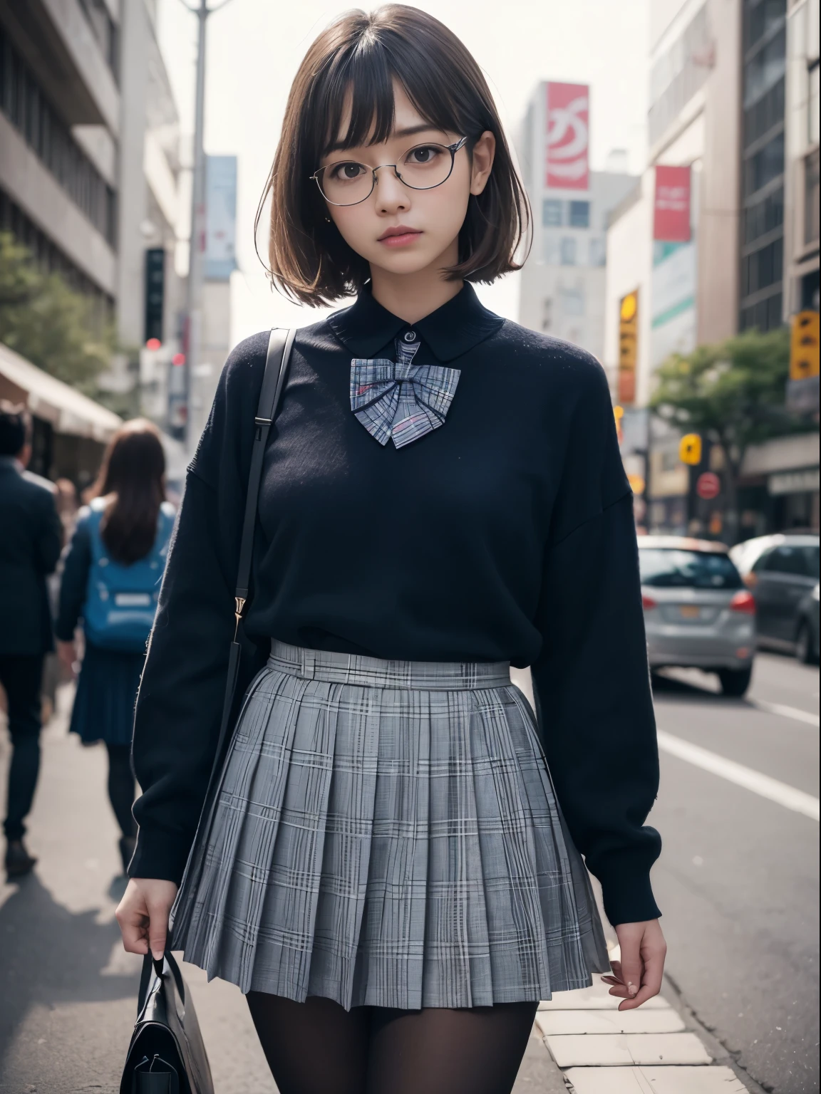 (8K、RAW shooting、Highest quality、masterpiece:1.2),Bob、strong,Plump,Erotic,pupil,Light blue bra,De Pere Blanca,Kune,(Black Pantyhose),Disorganized,Small face,,Flat chest,Parting the bangs from the middle、The forehead is visible,(Cold look,Tight eyes,Glare,strong,Are thin,File crying,irascible)、masterpiece,Highest quality,Ultra-high resolution,生photograph,Benevolence,Beautiful shit,one person, solo,Glasses,,Dark look、Small breasts、Plump、丸Glasses、cute、JK、high school girl、Japanese women、Are standing、(PhotoReactive:1.37)、Photon Mapping、Realistic、Cute little face、Brown eyes、Black socks、(Red bow tie)、Radio City、Physically Based Rendering、prospect、Depth of written boundary、Blurred Background、photograph、girl、body、Beautiful feet、Long legs、Thin legs、(I can see the bangs)、 hair、lips、Blue_The目、nose、(Light blue shirt)、(Navy and blue checkered pleated skirt)、I can see your knees、See-through clothing、Thighs、Black cotton socks、Nogizaka Idol、、Japanese Ido