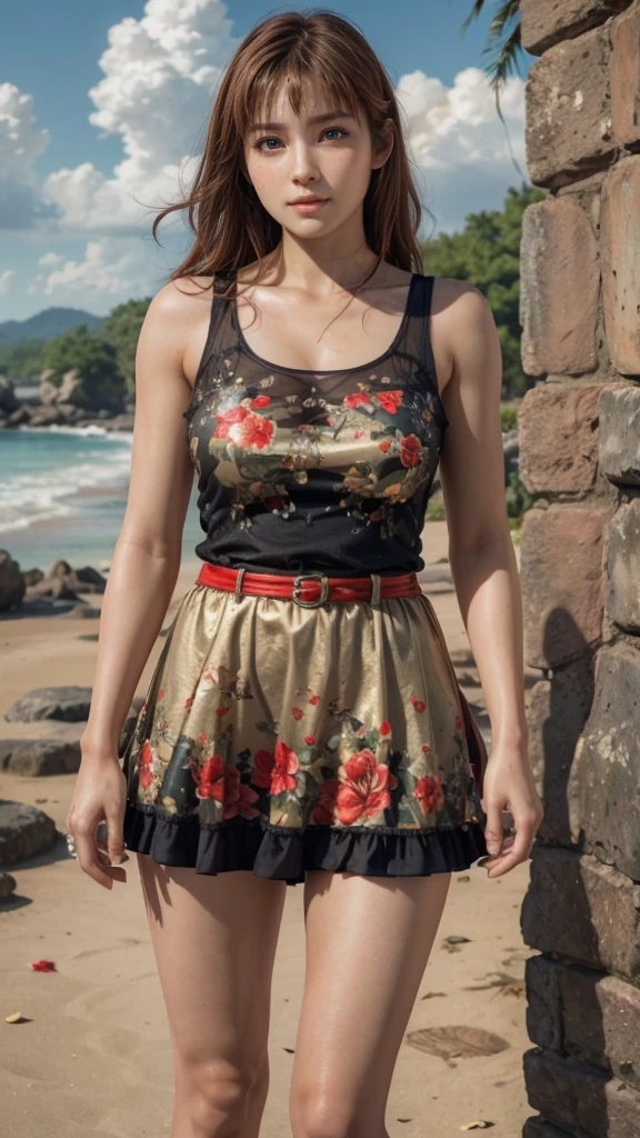 Kasumi, brown eyes, (best quality, ultra-detailed), (realistic:1.37), beautiful and detailed face, ultra-realistic texture, delicate face, delicate body, red lipstick, bright colors. High definition, 8K, well defined legs