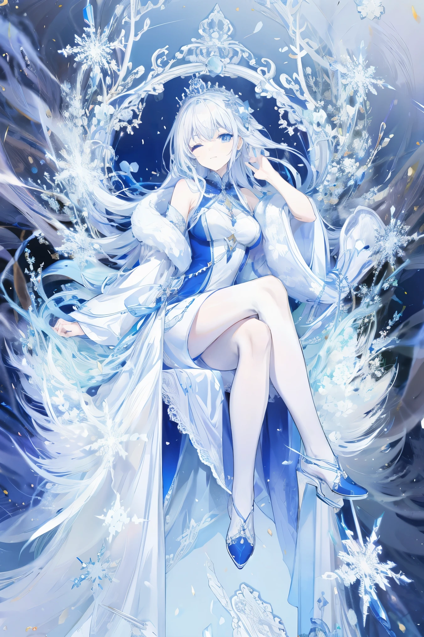 a winter queen, pale skin, white hair, snowflake themed outfit, ice crown, sitting on a throne made of ice, neutral expression, ice crystals, elegant, half closed eyes, snowflakes