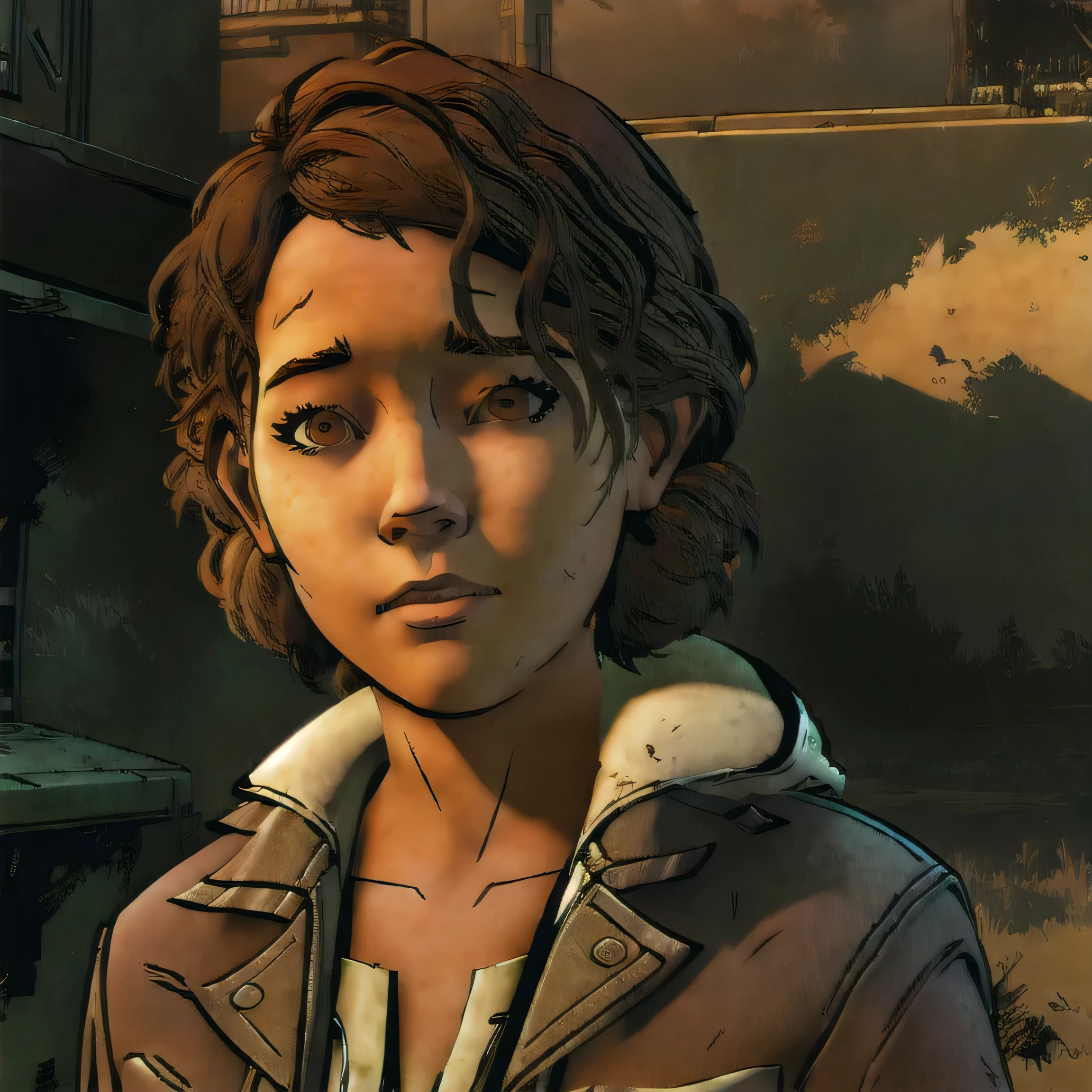 (masterpiece, best quality:1.2), Clem, solo, brown eyes, brown hair, early 30's, looking at camera, happy look, the walking dead game style, telltale style, comic book style, broken city background