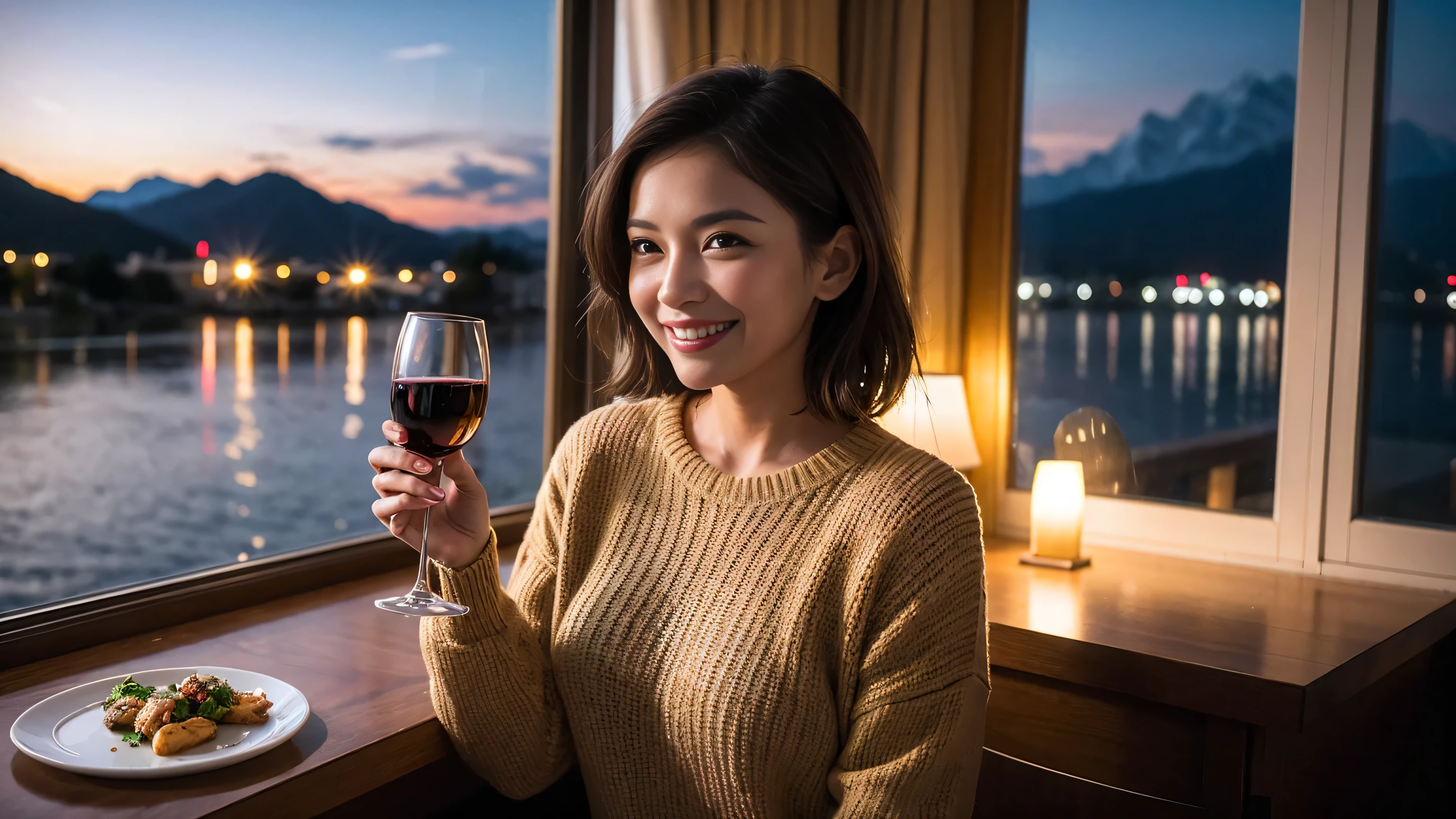 (highest quality、8k、masterpiece:1.3)、Beautiful woman with perfect figure:1.4、Dark brown hair、wine 、2 people、Knit dress、Highly detailed face and skin、fine grain、double eyelid、テーブルにWine Glass、Facial Lighting、 Amazing view of the sunset sky and clouds、Amazing mountain views、Laugh brightly、Smiling lovely woman、Bright image、The beauty of wine, Beautiful Face, blue eyes, Blushing, short hair,Bright Face、 (36 years old), 39 years old, Lady、Red wine 、Appetizers、Italian food、Wine Bottle、Champagne、Sparkling wine、Two beauties、Brown Hair、Shortcuts、Long sleeve shirt、dress、Pretty Woman 1, (Slim face), (The body is slim), (Brown Hair), (Shortcuts), cheeks turn a little red,Attractive beauty、, Out of the window, A beautiful and detailed night view unfolds.........., restaurant, In a prominent place (From the waist up) Nova Frog Style, actress, model, Upper Body, White wine, slim, Wine Glass,