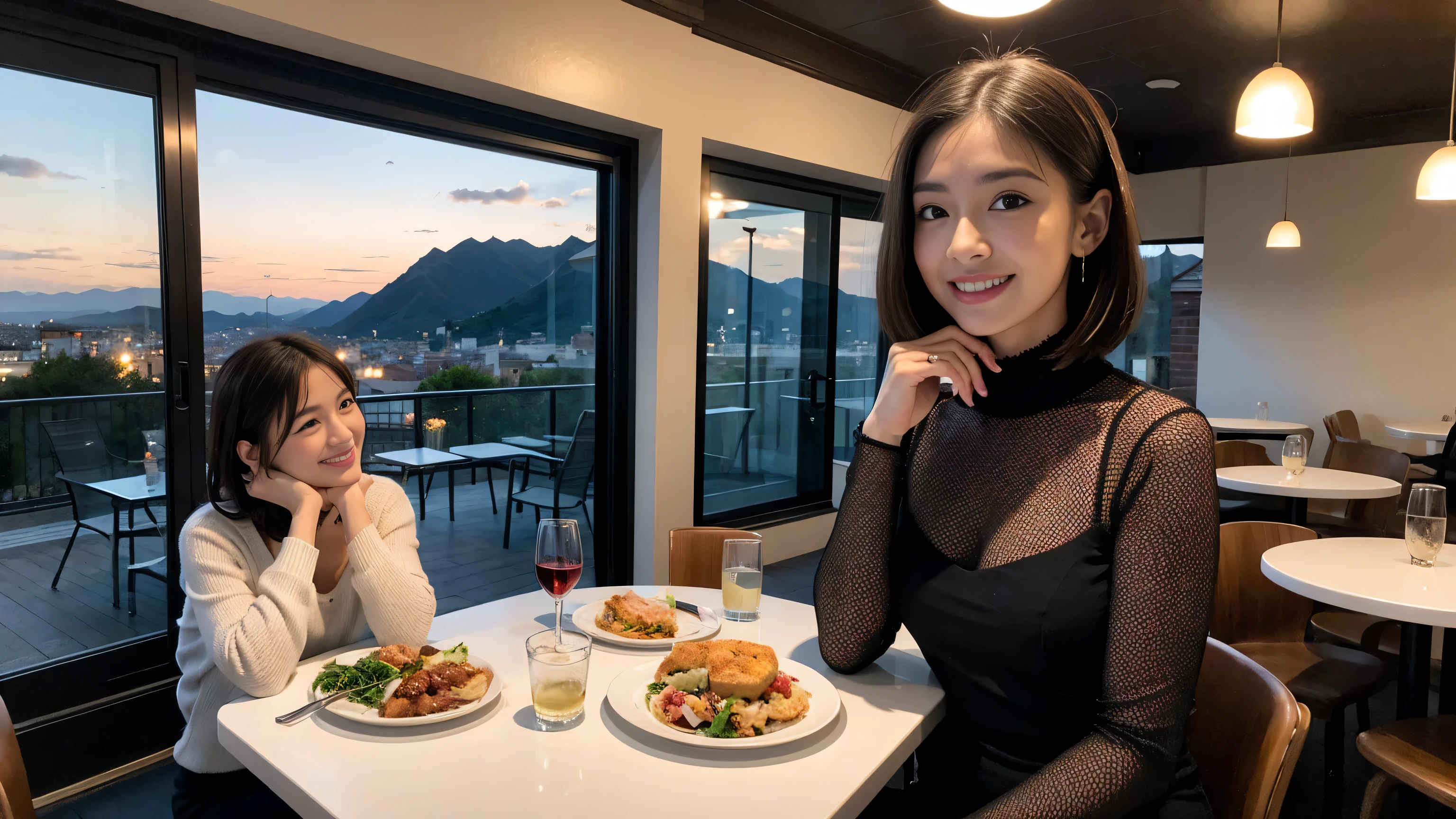 (highest quality、8k、masterpiece:1.3)、Beautiful woman with perfect figure:1.4、Dark brown hair、wine  、2 people、Knit dress、Highly detailed face and skin、fine grain、double eyelid、テーブルにWine Glass、Facial Lighting、 Amazing view of the sunset sky and clouds、Amazing mountain views、Laugh brightly、Smiling lovely woman、Bright image、The beauty of wine, Beautiful Face, blue eyes, Blushing, short hair,Bright Face、 (36 years old), 39 years old, Lady、Red wine 、Appetizers、Italian food、Wine Bottle、Champagne、Sparkling wine、Two beauties、Brown Hair、Shortcuts、Long sleeve shirt、dress、Pretty Woman 1, (Slim face), (The body is slim), (Brown Hair), (Shortcuts), cheeks turn a little red,Attractive beauty、, Out of the window, A beautiful and detailed night view unfolds.........., restaurant, In a prominent place (From the waist up) Nova Frog Style, actress, model, Upper Body, White wine, slim, Wine Glass, 