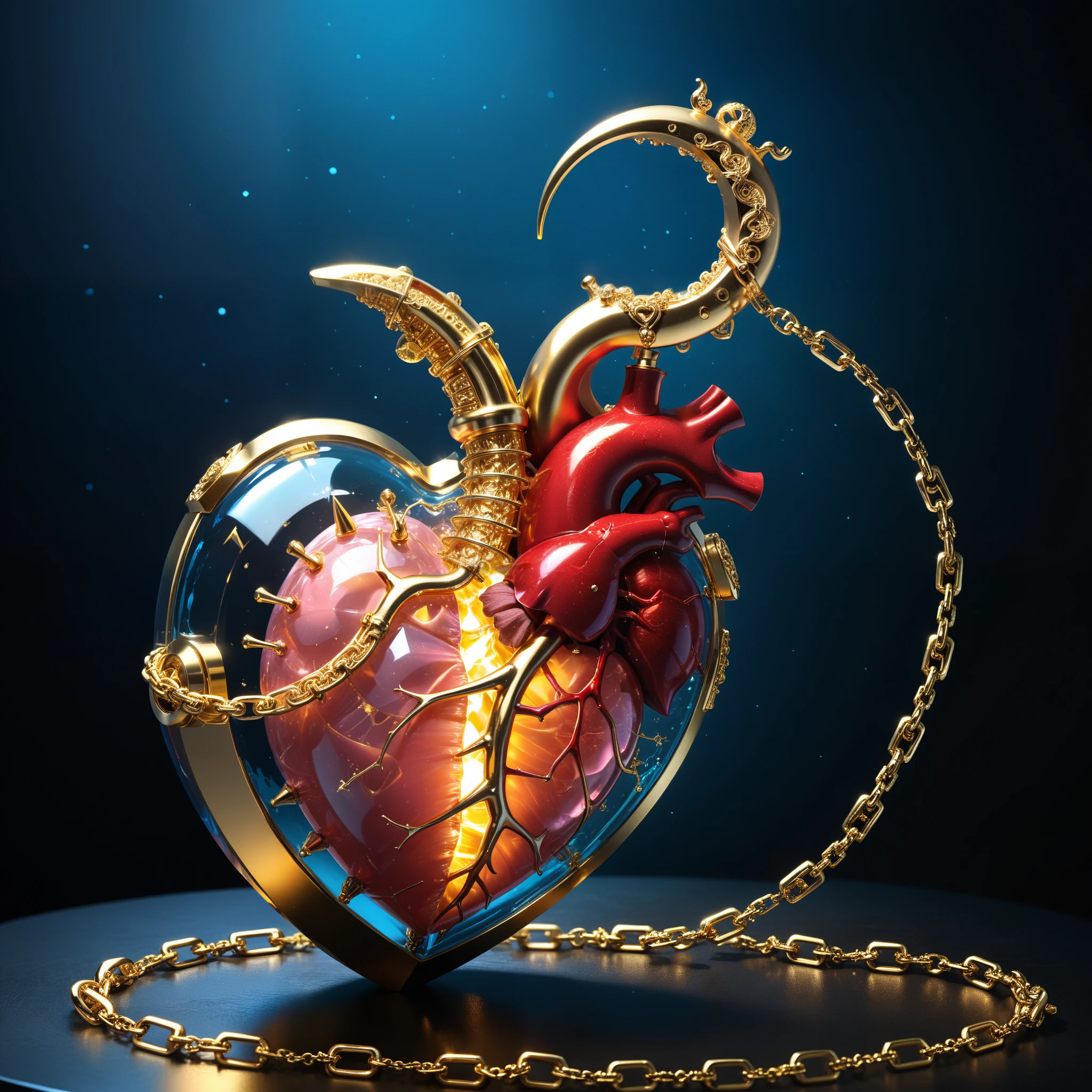 in style of John Bauer,(in style of by Liu Ye:0.9),
conceptual design of the transparent glass human heart (organ),(1 (gold:2) heart (organ), entangle in a metal chain and lightning bolt:1.3),(hard ultra-polyhedra polygonal heart \(organ\) sculpturecloseup:1.4),(Rose Quartz:1.3),(blue fire draws lines:1.6),(Chemiluminescence:1.2),
(the red crescent moon background:1.6),sharp,sharp image,(insanely detailed and intricate, hypermaximalist, elegant, ornate, hyper realistic, super detailed:1.1),extremely detailed,Amazing resolution,8k,Ray Tracing,masterpiece,Particle Effects,Beautiful Effects,
BREAK
(darkness:1.4),(extreme shadows:1.4),(Best Shadow:1.4),dark atmosphere,