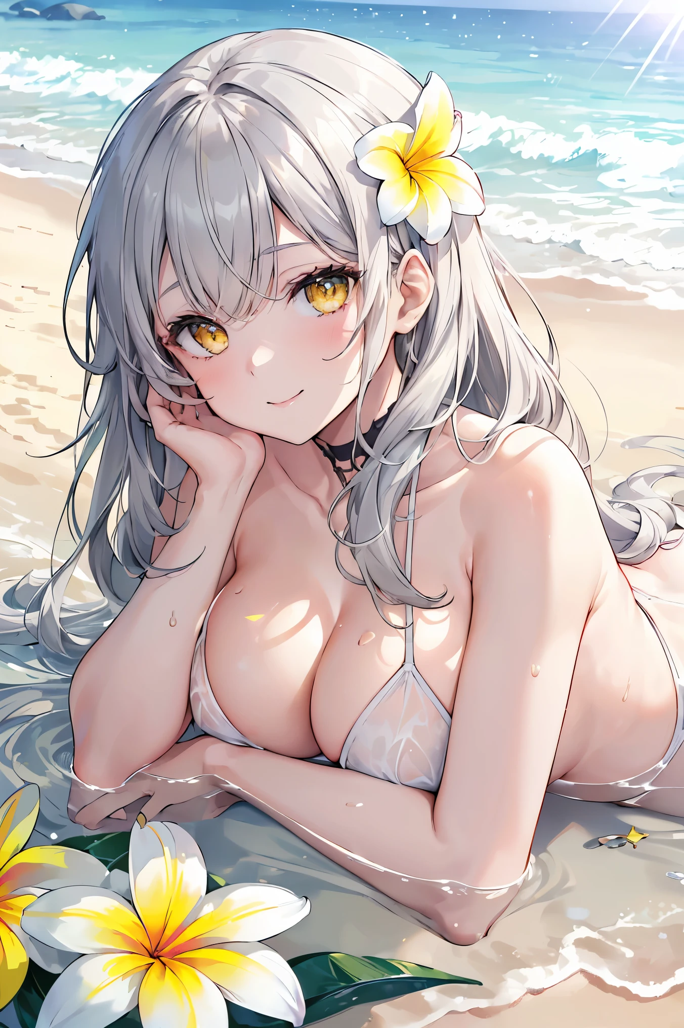 ((masterpiece,High resolution,8K quality,highest quality)),One Girl,((Highly detailed face)),woman,Delicate eyes,((Yellow Eyes)),((Hairstyle on:Wave Semi-Long,Gray and silver hair,Hair that is exposed to light is green)),Lens flare,Dramatic makeup,naked、Nipples are visible:1.5,Smiling graciously,Natural Skin Tone,Summer cheerfulness,Reflective water surface,Lying face down on the beach,Big ample breasts,rest on your elbows and smile,Light of the sun,Bright sun,((Water brilliance,White sand beach,Plumeria blooms)),