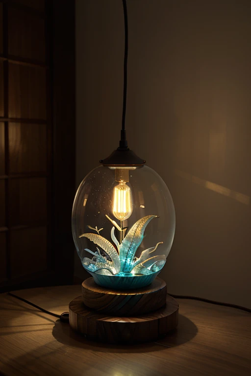 Porcelain lamp on the theme of mystical ocean creatures with a small amount of additional materials wood and glass