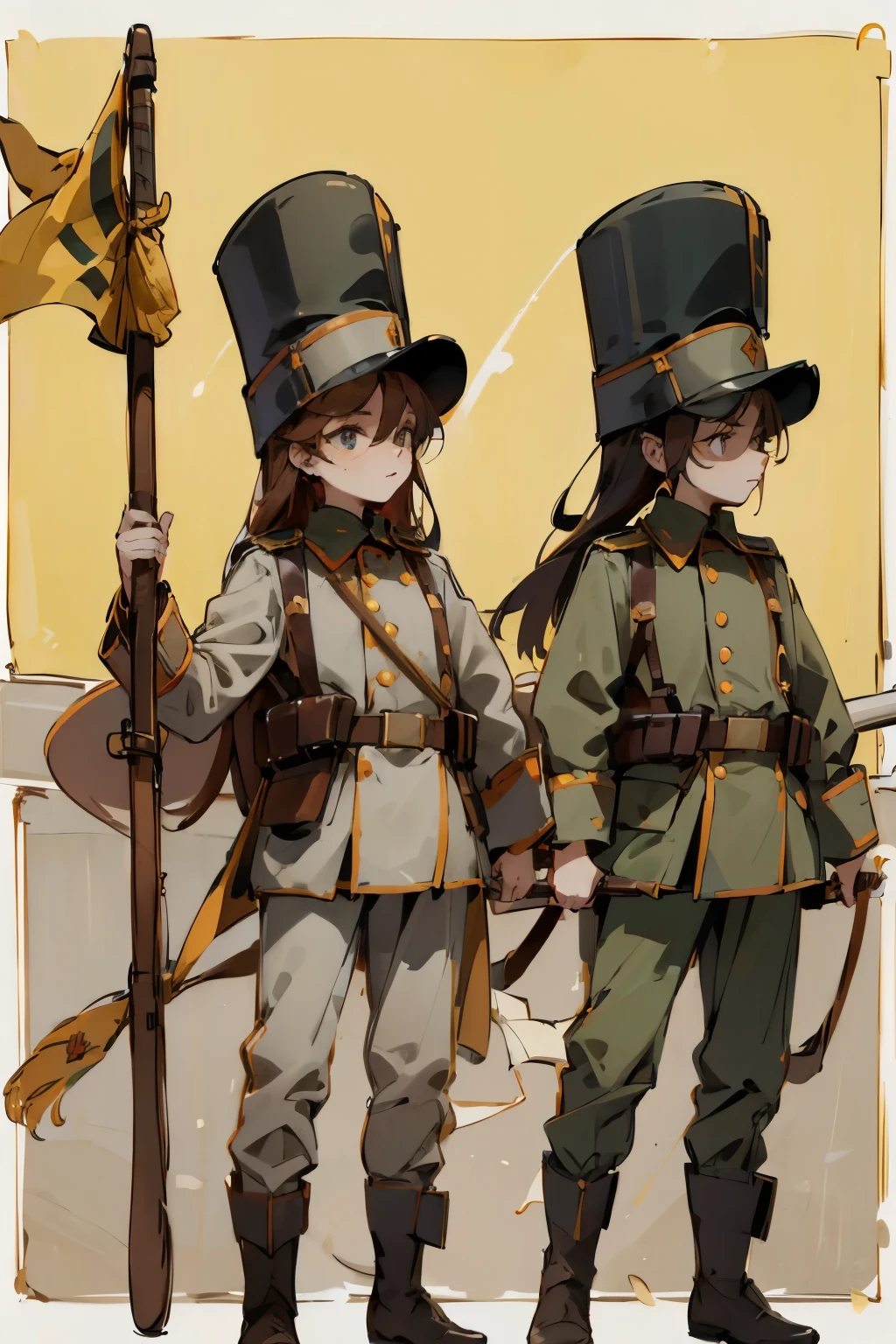  austria=hungary empire soldier girls ,withShako with yellow and brack line march parade, k.u.k , yellow and brack line flag