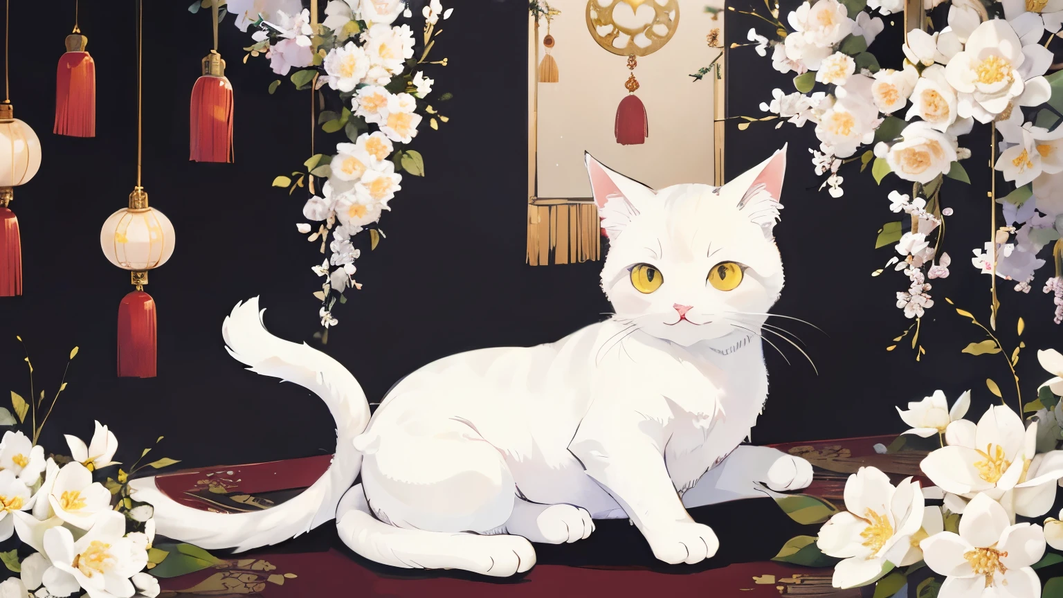 White anime cat in a chinese room, cream colored detailed background, beautiful black flowers and white flowers