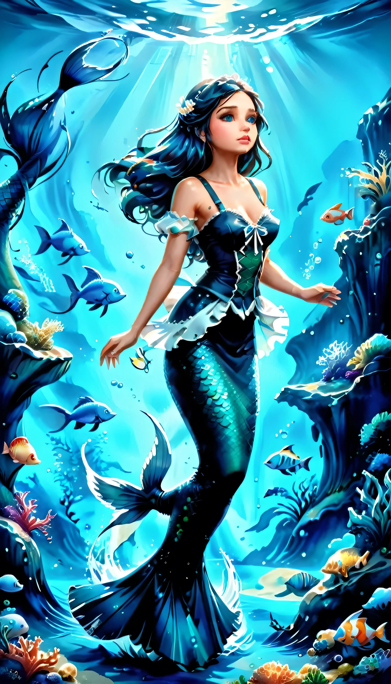 high details, best quality, 16k, ultra detailed, masterpiece, best quality, ((art deco style: 1.5)), full body, ultra wide shot, RAW, photorealistic, fantasy art, dnd art, rpg art, realistic art, an ultra wide picture of a mermaid  under the sea (intricate details, Masterpiece, best quality: 1.4) , female mermaid, (blue: 1.3) skin, (green: 1,3) hair, long hair, swirling hair, intense eyes, small pointed ears, ((blue eyes)), ((glowing eyes)), wearing (black:1.3) ((maid outfit)) flowing ((maid outfit:1.4) wearing a ((flowing maid skirt: 1.5)), beautiful mermaid, you can see rich underwater life, fish, riff, dynamic fantasy blue beach background ((magical atmosphere)), high details, best quality, highres, ultra wide angle, ggmine, traditional watercolor painting