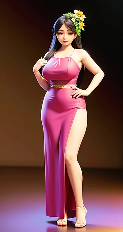 Burmese girl with attractive curvy full body.  Friends full-length bikini, ( dress) reflective long dress painted with flower patterns, only dress.  hi gh hips  High resolution  High resolution  natural background  High resolution  HD  3D,  8K cartoon anime 