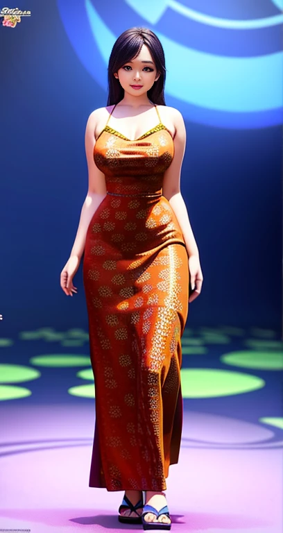 Burmese girl with attractive curvy full body. Friends full-length bikini, ( dress) reflective long dress painted with flower patterns, only dress. hi gh hips High resolution High resolution natural background High resolution HD 3D, 8K cartoon anime