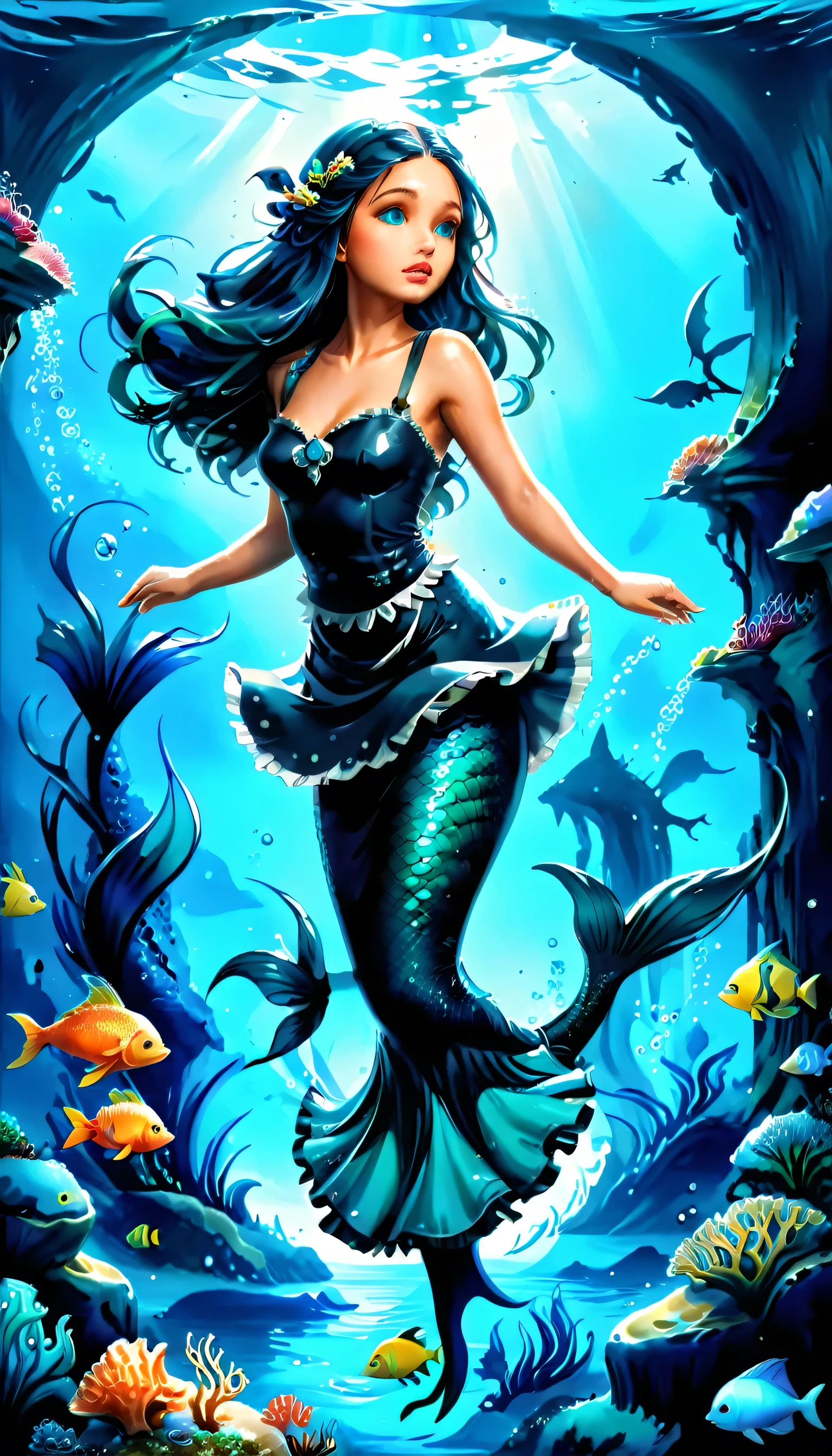 high details, best quality, 16k, ultra detailed, masterpiece, best quality, ((art deco style: 1.5)), full body, ultra wide shot, RAW, photorealistic, fantasy art, dnd art, rpg art, realistic art, an ultra wide picture of a mermaid  under the sea (intricate details, Masterpiece, best quality: 1.4) , female mermaid, (blue: 1.3) skin, (green: 1,3) hair, long hair, swirling hair, intense eyes, small pointed ears, ((blue eyes)), ((glowing eyes)), wearing (black:1.3) ((maid outfit)) flowing ((maid outfit:1.4) wearing a ((flowing maid skirt: 1.5)), beautiful mermaid, you can see rich underwater life, fish, riff, dynamic fantasy blue beach background ((magical atmosphere)), high details, best quality, highres, ultra wide angle, ggmine, traditional watercolor painting