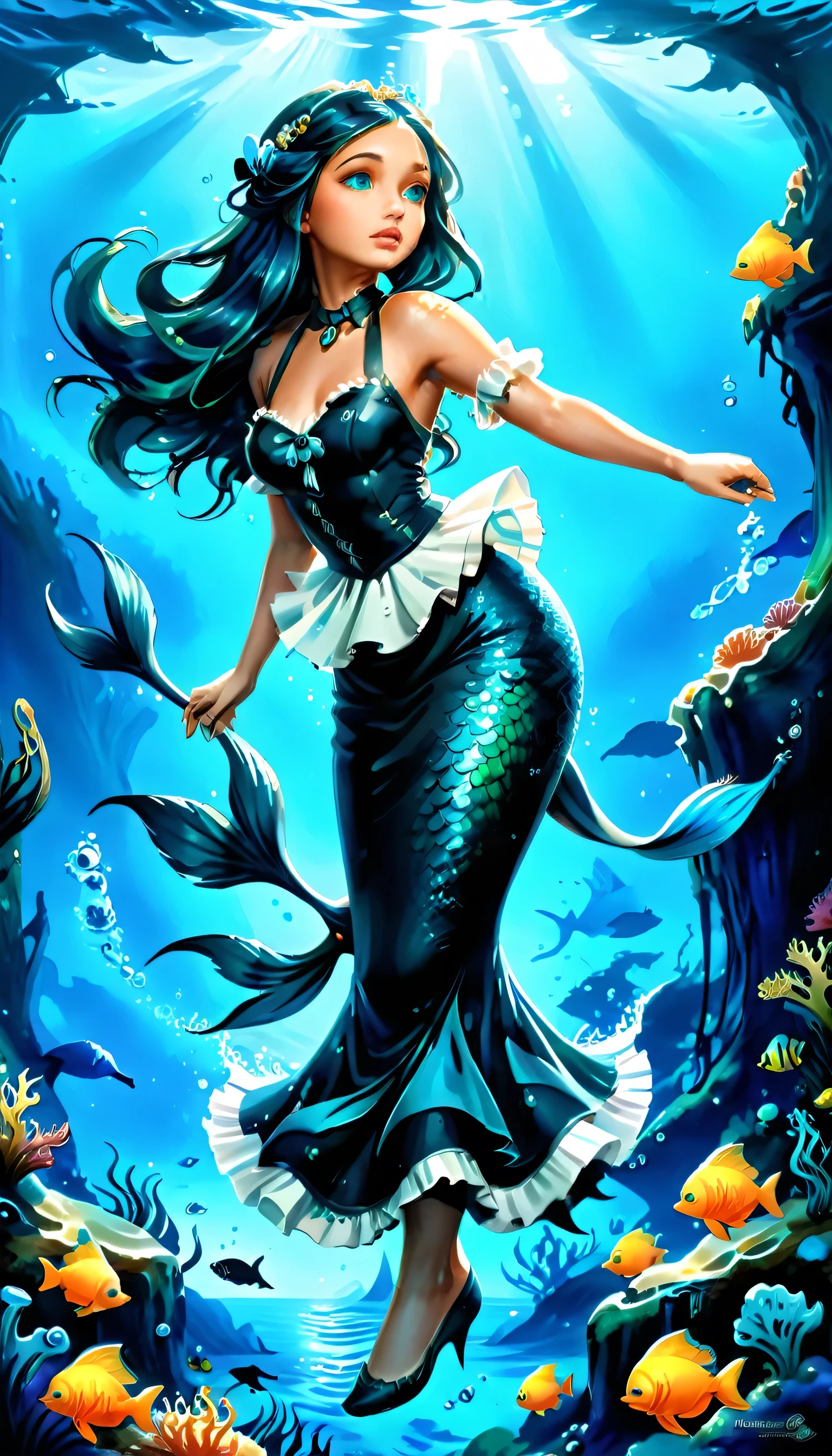 high details, best quality, 16k, ultra detailed, masterpiece, best quality, ((art deco style: 1.5)), full body, ultra wide shot, RAW, photorealistic, fantasy art, dnd art, rpg art, realistic art, an ultra wide picture of a mermaid  under the sea (intricate details, Masterpiece, best quality: 1.4) , female mermaid, (blue: 1.3) skin, (green: 1,3) hair, long hair, swirling hair, intense eyes, small pointed ears, ((blue eyes)), ((glowing eyes)), wearing (black:1.3) ((maid outfit)) flowing ((maid outfit:1.4) wearing a ((flowing maid skirt: 1.5)), beautiful mermaid, you can see rich underwater life, fish, riff, dynamic fantasy blue beach background ((magical atmosphere)), high details, best quality, highres, ultra wide angle, ggmine, traditional watercolor painting