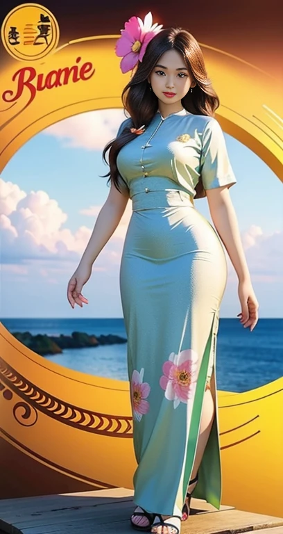 Burmese girl with attractive curvy full body. Friends full-length bikini, ( dress) reflective long dress painted with flower patterns, only dress. hi gh hips High resolution High resolution natural background High resolution HD 3D, 8K cartoon anime