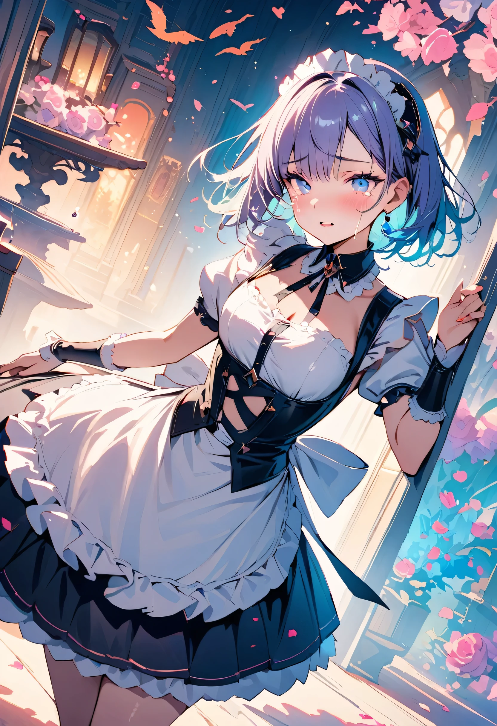 masterpiece, best quality, novel illustration, highres, 18+ mature content, sensual, intimate, emotional, passionate, romantic, sweet, endearing, innocent, pure, captivating, alluring, enticing, mysterious, enchanting, captivating, immersive, mesmerizing, dreamlike, surreal, imaginative, whimsical, artistic, avant-garde, timeless, elegant, sophisticated, chic, refined, unique, original, mesmerizing,((Maid clothes:1.3)),((Beautiful tears))