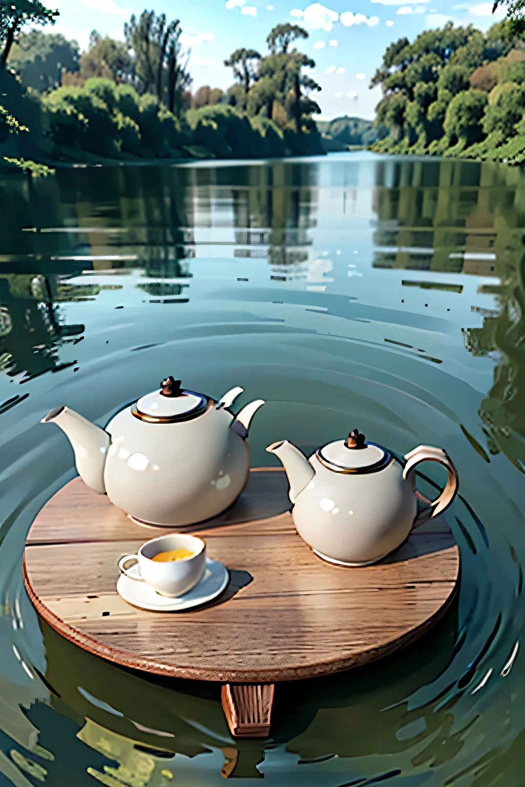 light grey teapots on a flat round wooden board floating on a river，willows on both sides of the river