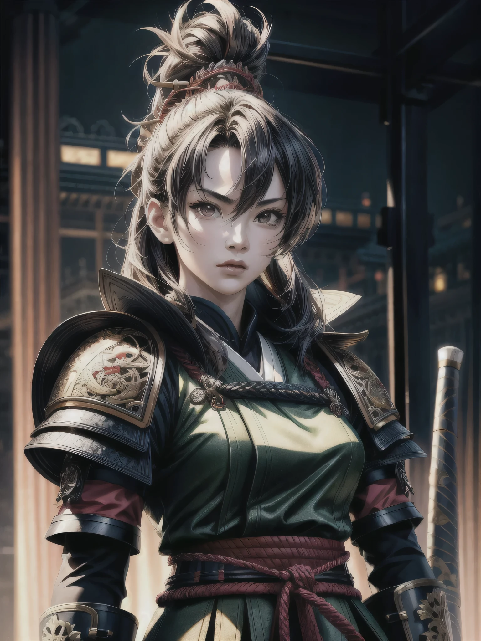 A beautiful samurai girl, intricate detailed armor, katana sword, striking warrior pose, dramatic lighting, photorealistic, hyper detailed, cinematic, 8K, (best quality, 4k, 8k, highres, masterpiece:1.2), ultra-detailed, (realistic, photorealistic, photo-realistic:1.37), HDR, UHD, studio lighting, ultra-fine painting, sharp focus, physically-based rendering, extreme detail description, professional, vivid colors, bokeh, portraits, dramatic,saturated color, vibrance, intricate detail