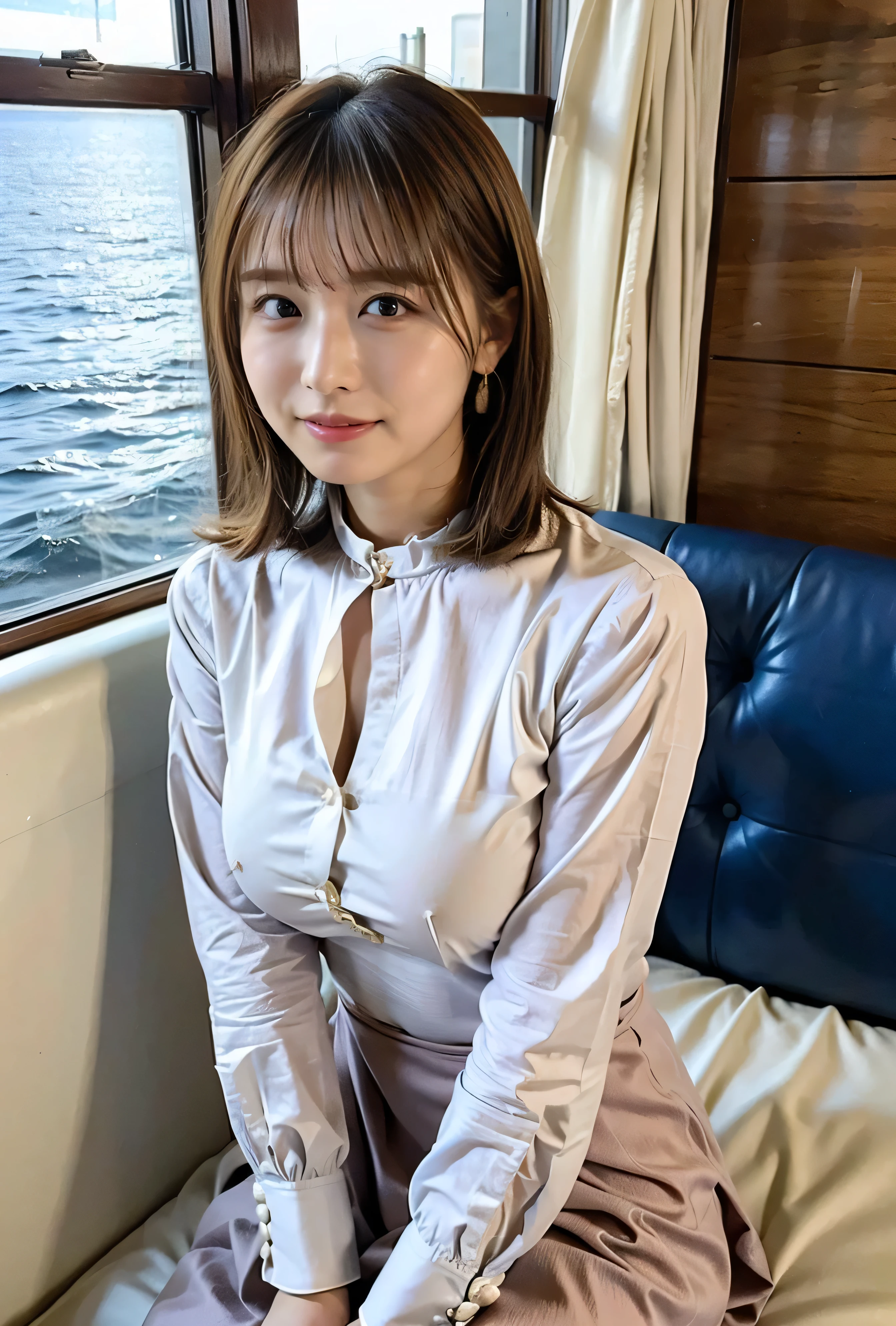 Blue-eyed woman、Gorgeous white collared silk shirt and brown skirt、Dress elegantly、Luxury Bags、、((short hair:1.4))、Skyscrapers seen across the sea、Manhattan Island is visible offshore、A woman on a pleasure boat、Side Ponytail、The sun shines on her、No sleeve、Light brown hair、Light brown hair、The sky was dyed red、There are clouds、It's cute、A woman in elegant clothing is sitting on a boat and watching the sunset、Her huge breasts are obvious even through her clothes.、The shining sun is so beautiful、Dusk is coming、Lens flare、I can see the sun setting、((Sunlight reflecting off the ocean、Ocean View、The sun shines on the sea、'beautiful.、Small earrings、It'evening、Birds are also flying、、Brown Hair Color、Tie your hair、The woman is on the right:1.4))、Luxury Leather Belts、Shiny clothes、Light beige hair color、Background Blur、Braid only the front hair、Light brown hair、{{Cowgirl Shot}}、((Close-up shot from the waist up、Big Breasts:1.4))、Big Breasts、Smile、Silk clothing、Big Breasts that can be seen even through clothes、Braid only the front hair、Cowboy Shot、Gorgeous white collared silk shirt and brown skirt、Dress elegantly、Luxury Bags、A lovely smile、((airplane in the background、I'Coming to the airport))、Full body photo、ring、Short skirt、Tuck your hair behind one ear、Silver Necklace、smile、 Elegant ponytail、Caustics、Highly detailed photos、Very beautiful and ideal short hair、Big Breasts、Super no makeup、(8k、RAW Photos、highest quality、masterpiece:1.2)、(Realistic、Realistic)、1 girl、((Big Breastsshort hair、Looking into the camera:1.4))、Hair blowing in the wind