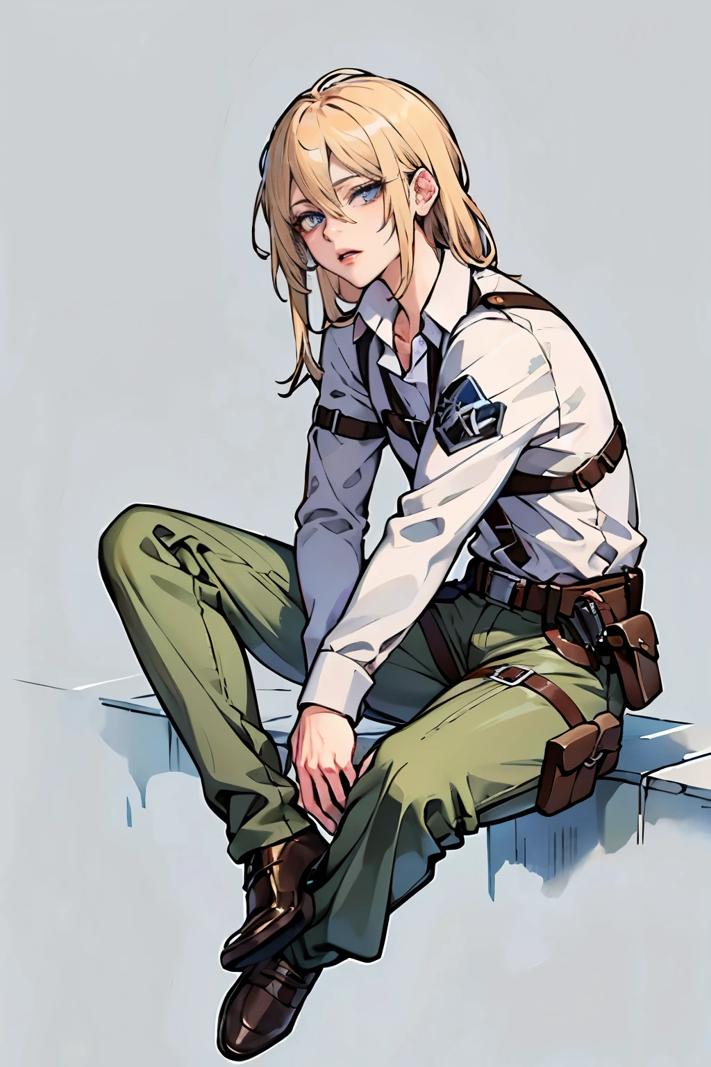 Ah Style, shingeki no kyojin,, , Krista Lentz,, One girl, belt, belt buckle, Blonde Hair, blue eyes, Brown footwear, brown pants, buckle, chest belt, collared shirt, diamond (shape), Floating Hair, From the side, whole body, Gray background, Hair between the eyes, Place your hands on your thighs, Long Hair, Long sleeve, Looking to the future, with own hands, pants, Lips parted, shirt, shoes, Sitting, alone, Shine, star (symbol), Thigh straps, white shirt, , , ((masterpiece)), highest quality, , 