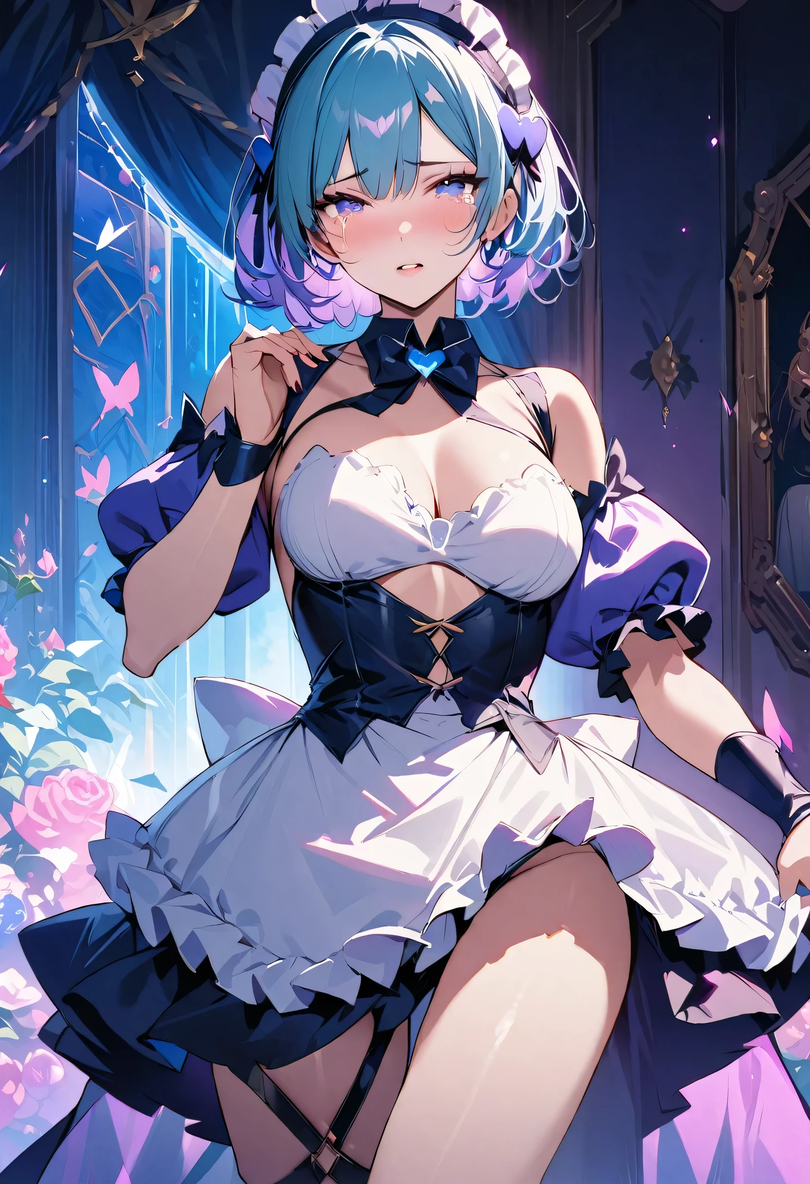 masterpiece, best quality, novel illustration, highres, ??? ??????????????, sensual, intimate, emotional, passionate, romantic, sweet, endearing, innocent, pure, captivating, alluring, enticing, mysterious, enchanting, captivating, immersive, mesmerizing, dreamlike, surreal, imaginative, whimsical, artistic, avant-garde, timeless, elegant, sophisticated, chic, refined, unique, original, mesmerizing,((Maid clothes:1.3)),((Beautiful tears))