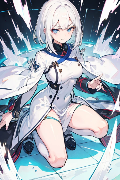 white hair, smirk, bangs, straight hair, medium hair, clenched teeth, scowl, serious, jitome, upset, disdain, anger vein, expressionless eyes, 8k, super detail, ccurate, best quality, fullbody