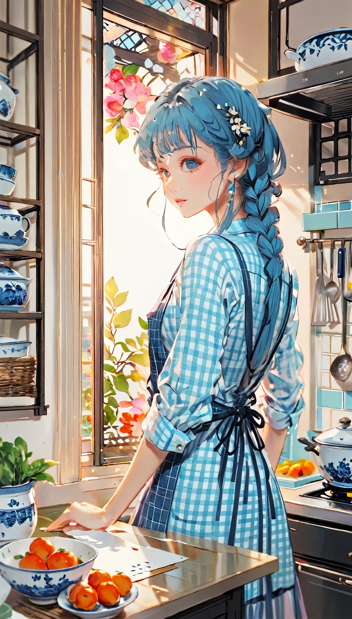 (((paper cutting style))), 1 girl, blue long medium hair, long braid, blue check shirts, apron, kitchen , portfolio from behind
