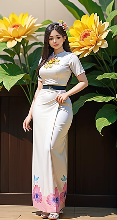 Burmese girl with attractive curvy full body. Friends full-length bikini, ( dress) reflective long dress painted with flower patterns, only dress. hi gh hips High resolution High resolution natural background High resolution HD 3D, 8K cartoon anime