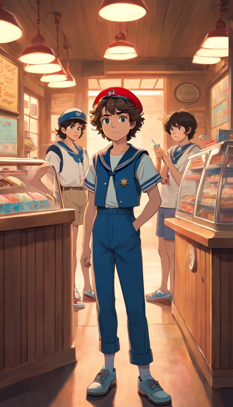 Capture a still from 'Stranger Things' featuring three characters (two boys, 1 girl) standing together in their iconic 'Scoops Ahoy' uniforms. In the center, Steve Harrington, played by Joe Keery, stands with a confident yet slightly amused expression, arms crossed. To his left, Robin Buckley, portrayed by Maya Hawke, leans casually with a cool demeanor, her sailor outfit matching Steve's. On Steve's right, Dustin Henderson, played by Gaten Matarazzo, wears a 'Camp Know Where' cap and a bright, graphic t-shirt under a denim vest, looking curiously towards the camera. The setting is the brightly lit interior of the Scoops Ahoy ice cream shop, with a retro vibe and nautical-themed decor. The light filters in through textured glass panels, creating a warm, nostalgic atmosphere.