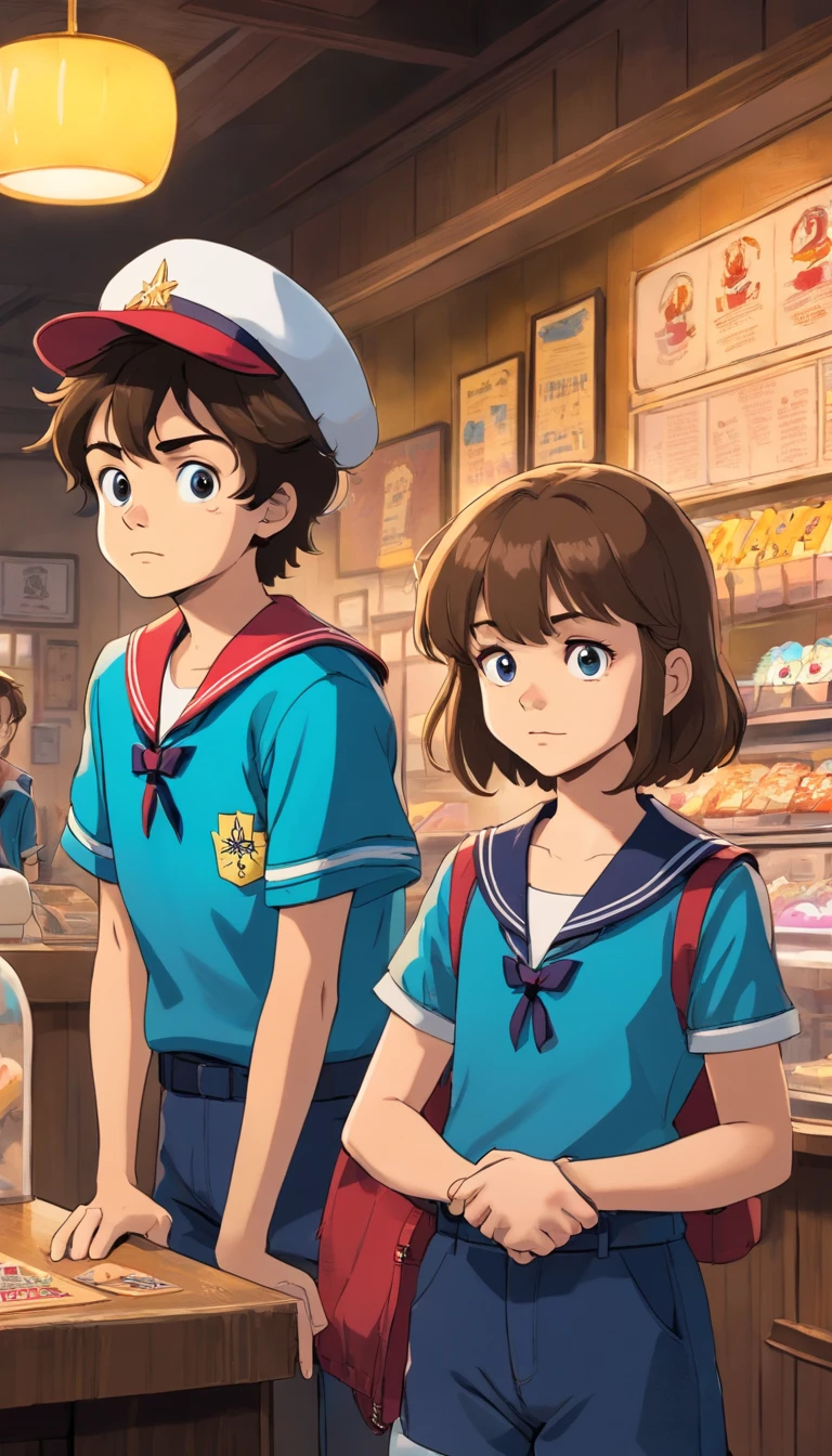Capture a still from 'Stranger Things' featuring three characters (two boys, 1 girl) standing together in their iconic 'Scoops Ahoy' uniforms. In the center, Steve Harrington, played by Joe Keery, stands with a confident yet slightly amused expression, arms crossed. To his left, Robin Buckley, portrayed by Maya Hawke, leans casually with a cool demeanor, her sailor outfit matching Steve's. On Steve's right, Dustin Henderson, played by Gaten Matarazzo, wears a 'Camp Know Where' cap and a bright, graphic t-shirt under a denim vest, looking curiously towards the camera. The setting is the brightly lit interior of the Scoops Ahoy ice cream shop, with a retro vibe and nautical-themed decor. The light filters in through textured glass panels, creating a warm, nostalgic atmosphere.