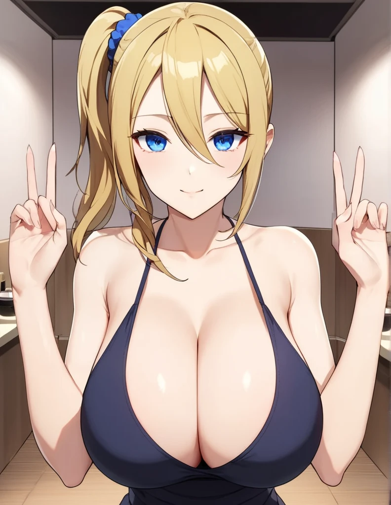(masterpiece:1.2, best Quality:1.1, 32K HDR, high resolution), (big breasts:1.1, cleavage:1.1, perfect slim body:1.2), (detailed face, detailed eyes, detailed skin texture, perfectly shaped hands, 5 fingers), (delicate and beautiful hands and fingers), ai hayasaka, bangs, blue eyes, blonde hair, hair ornament, hair between eyes, sidelocks, side ponytail, scrunchie, hair scrunchie, blue scrunchie, solo, 1girl, beach or school or bathroom or karaoke room or shopping mall,