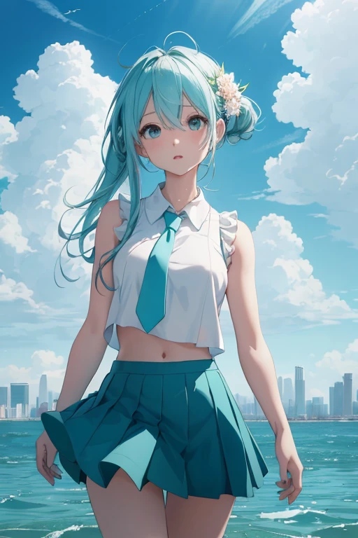highest quality, Submerged City, Ruined City, End of the World, Yokohama port, Buildings visible in the distance, Waveless sea surface, Beautiful girl standing on water, Hatsune Miku(Accurate anatomy, Sleeveless outfit,White blouse, mini skirt), singing, Blue sky and cumulonimbus clouds, Like a scene from a movie