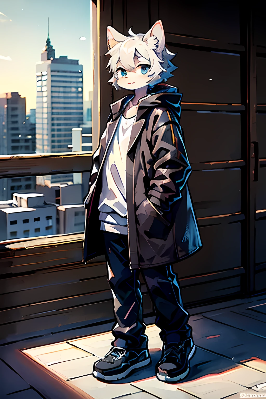 Japanese style furry character,The coat color is white,The clothes are more fashionable and loose, and the colors and fur colors are well matched.,The character is slightly shorter,Normal body shape,Cheerful and natural look,Character side face