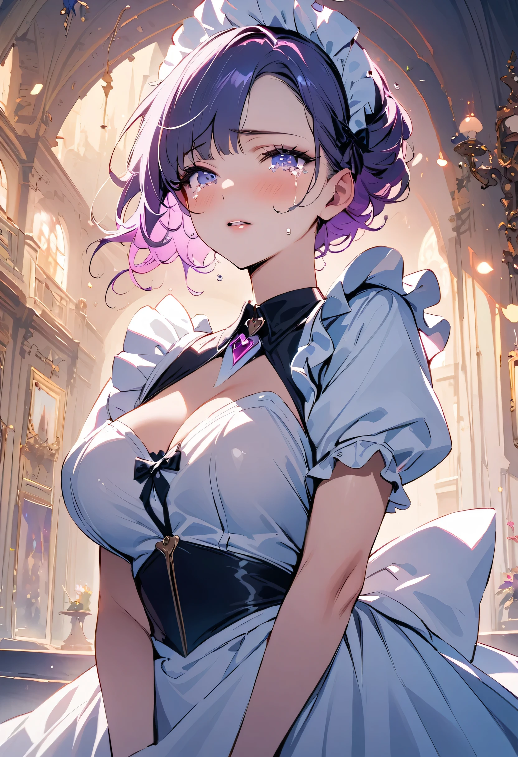 masterpiece, best quality, novel illustration, highres, 18+ mature content, sensual, intimate, emotional, passionate, romantic, sweet, endearing, innocent, pure, captivating, alluring, enticing, mysterious, enchanting, captivating, immersive, mesmerizing, dreamlike, surreal, imaginative, whimsical, artistic, avant-garde, timeless, elegant, sophisticated, chic, refined, unique, original, mesmerizing,((Maid clothes:1.3)),((Beautiful tears))