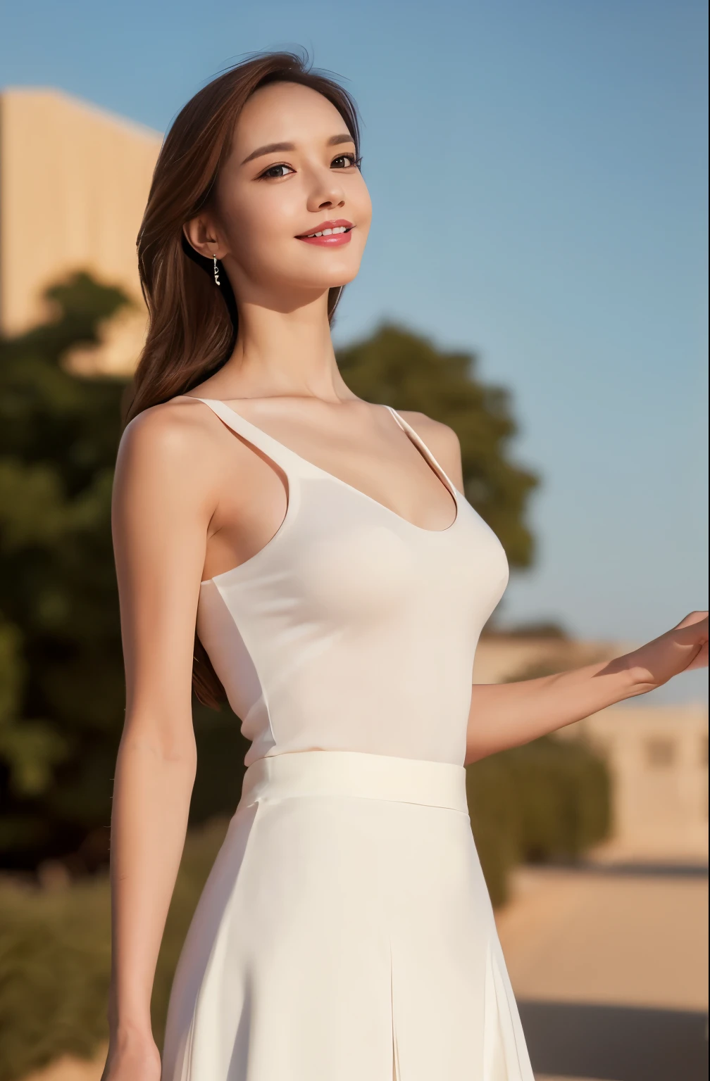 1woman, solo, close up, crystal clear white skin,slender, white Brause and elegant long skirt, soft smiling, (best quality,8k,highres,masterpiece:1.3), ultra-detailed, (realistic,photorealistic,photo-realistic:1.37), portrait, cinematic, warm lighting, medium format, golden hour, dramatic shadows, vibrant colors