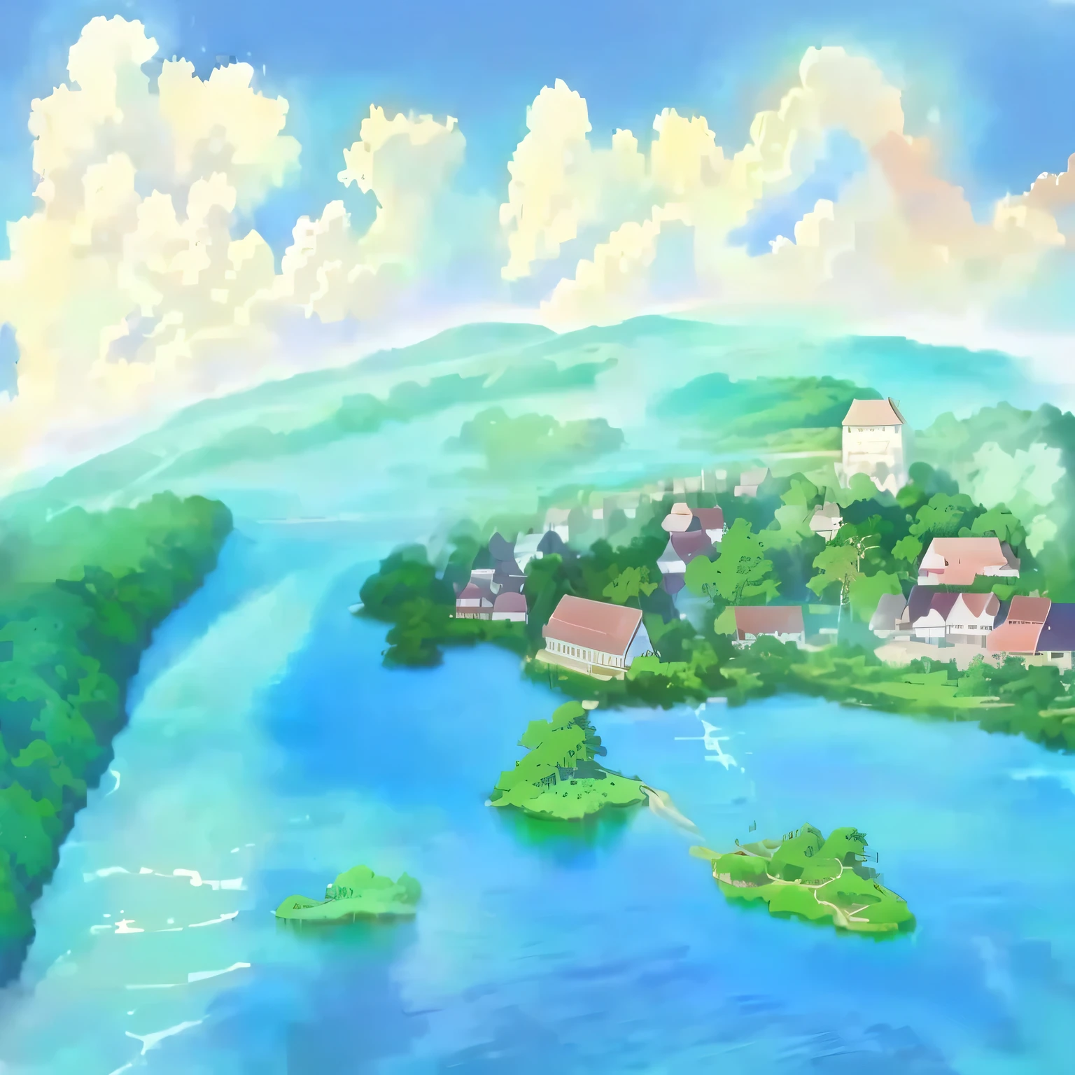 painting of a small island with a river running through it, island background, anime landscape, anime countryside landscape, anime scenery concept art, anime scenery, island landscape, distant village background, made with anime painter studio, painted in anime painter studio, studio ghibli landscape, studio ghibli environment, anime background art, town background, anime landscape wallpaper, anime style cityscape