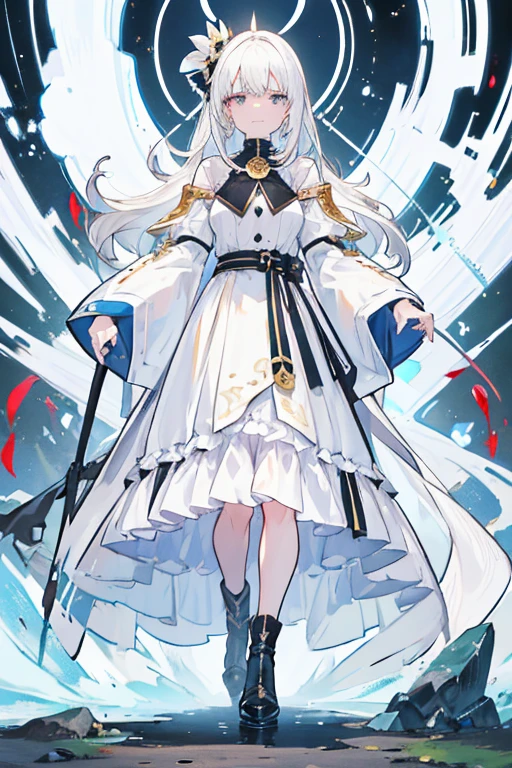 white hair, smirk, bangs, straight hair, medium hair, clenched teeth, scowl, serious, jitome, upset, disdain, anger vein, expressionless eyes, 8k, super detail, ccurate, best quality, fullbody, long skirt