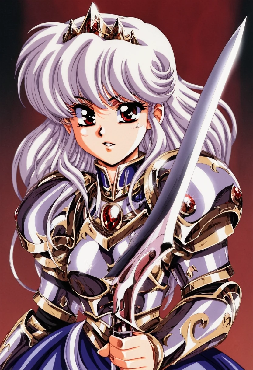 (Yag:1.1), sauce_anime, 80s anime style,90s anime style,One girl, Exquisitely detailed body, White Hair, amount, Her hair fluttered, Long Hair, Red eyes, Pretty lips, Thin 4K,High resolution,,princess,Princess Night,Princess Dress,knight armor,Heavy Armor,Princess Tiara,Excalibur,Jewelry decoration