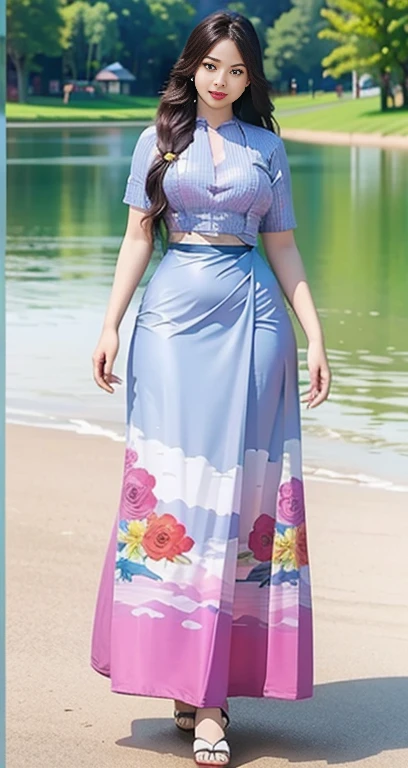 Burmese girl with attractive curvy full body.  Friends full-length bikini, ( dress) reflective long dress painted with flower patterns, only dress.  hi gh hips  High resolution  High resolution  natural background  High resolution  HD  3D,  8K cartoon anime 