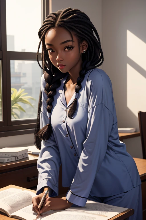 (masterpiece, best quality), deep ebony 1girl, beautiful face, freely hanging braids, studying, bedroom , cute, comfy pijamas, beautify, studying over the table, concentrated, elegant