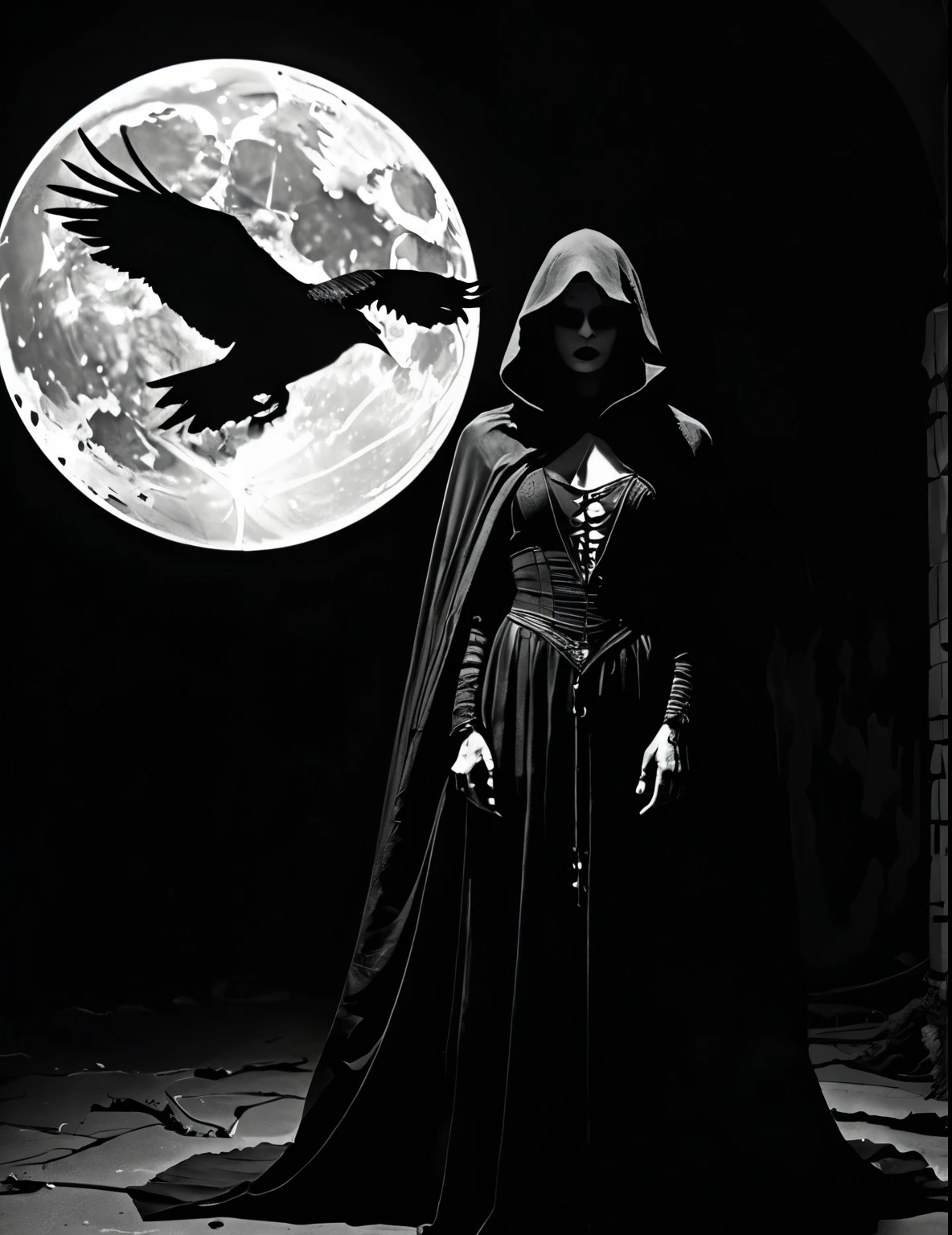 macabre style heart of the Black Desert a woman cloaked in shadow stands, solo, her form a deeper shade within the all-encompassing darkness, performing a mysterious ritual known only to her, moving with precision and grace through the thick tangible obscurity that surrounds her, the ritual carving pathways of emptiness into the void itself, a massive harvest moon in the background, moon light filters through the darkness illuminating her form, crows gather around her drawn to the enigmatic aura of this sculptor of the unseen, style of Russ Mills and Tyler Shields,. dark, gothic, grim, haunting, highly detailed,